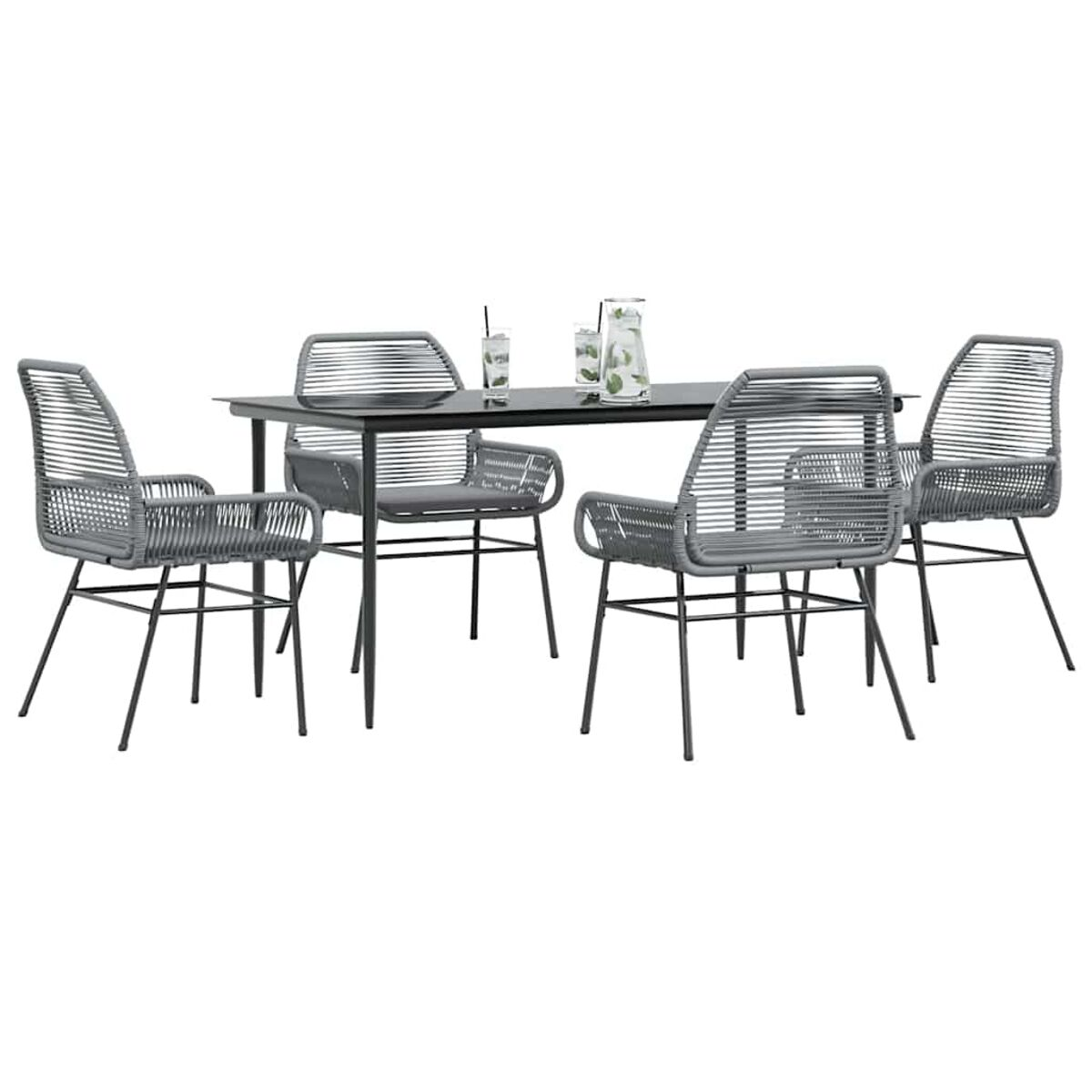 Set da pranzo per esterni: tavolo nero, quattro sedie in corda grigie. Sfondo bianco.