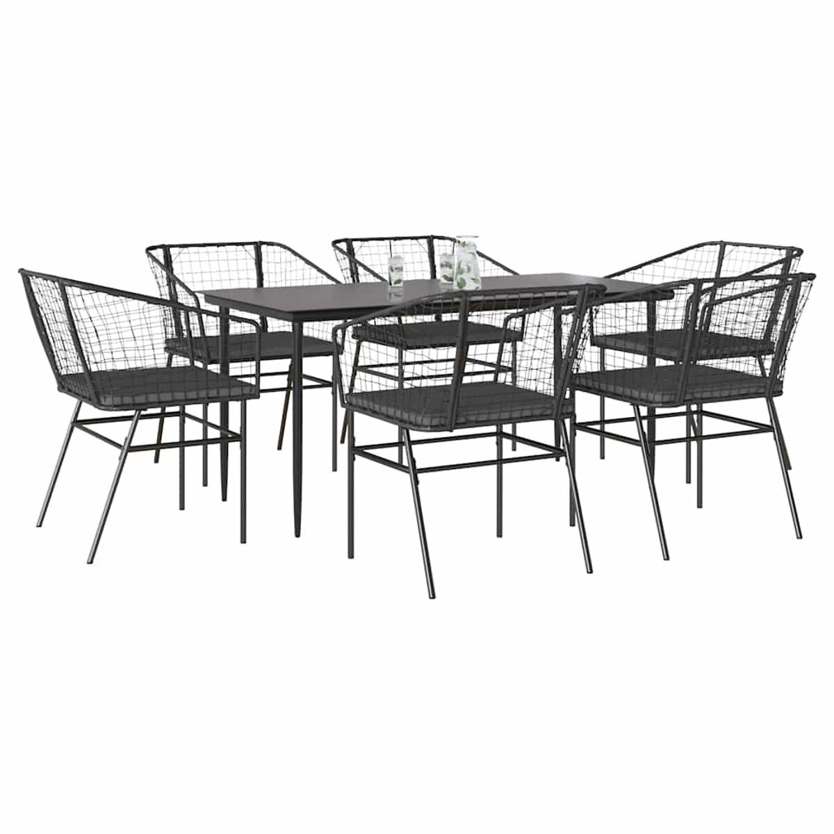Set da pranzo all'aperto con sedie con struttura in metallo nero e un tavolo rettangolare.