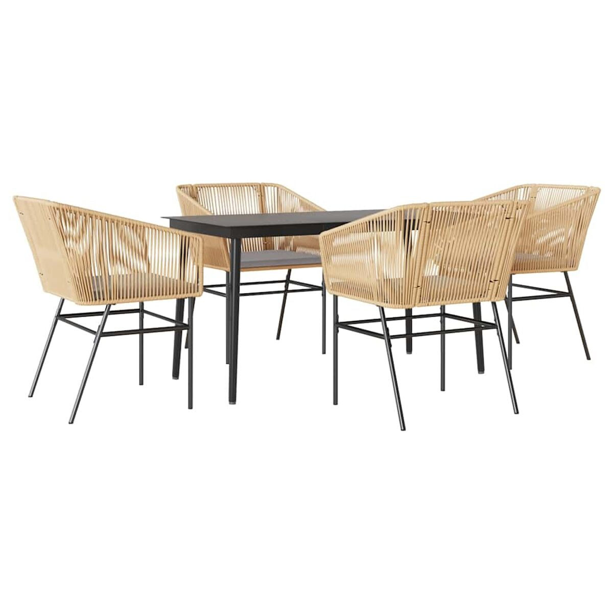 Quattro sedie con un tavolo nero. Schienali beige intrecciati e gambe nere.