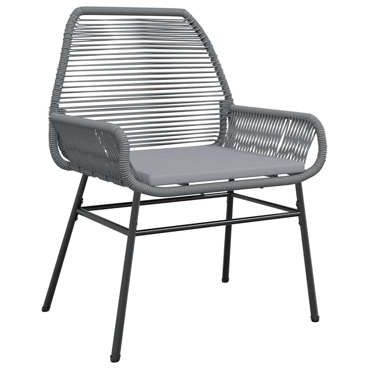 Sedia da esterno grigia e moderna con schienale e braccioli intrecciati, cuscino grigio e gambe in metallo nero.