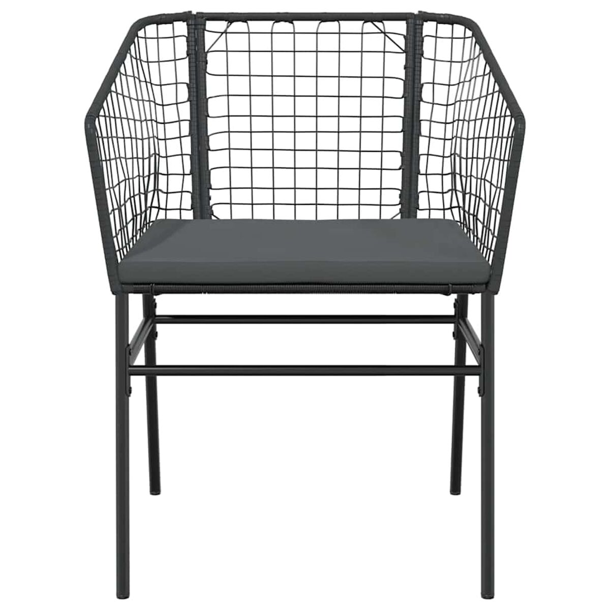 Sedia in metallo nero con schienale a rete e cuscino del sedile, su sfondo bianco, vista frontale.