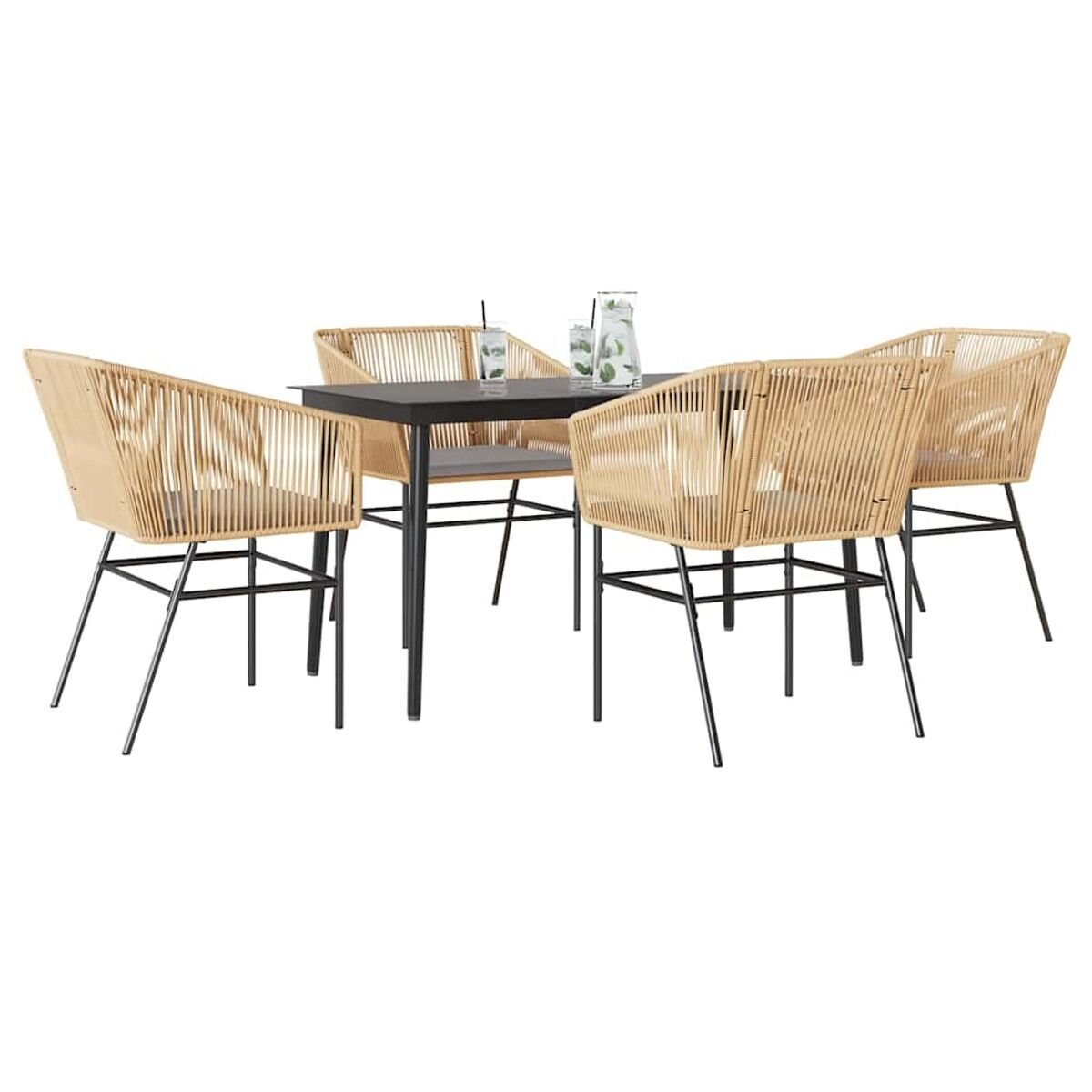 Set da pranzo per esterni con quattro sedie e un tavolo. Le sedie sono marrone chiaro con gambe nere. Il tavolo è nero.