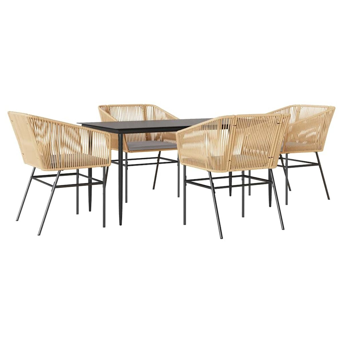 Set di quattro sedie intrecciate e un tavolo con piano scuro, isolato su bianco.