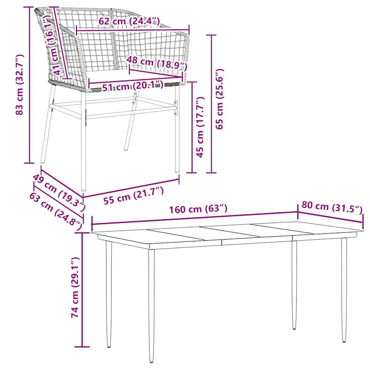 Sedia in vimini con dimensioni accanto a un tavolo bianco con dimensioni, su sfondo bianco.