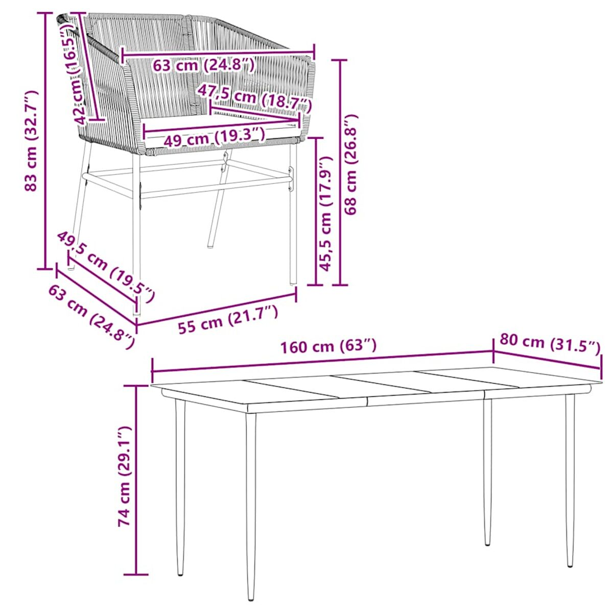 Set tavolo e sedie da esterno con dimensioni. Tavolo e sedia in legno.