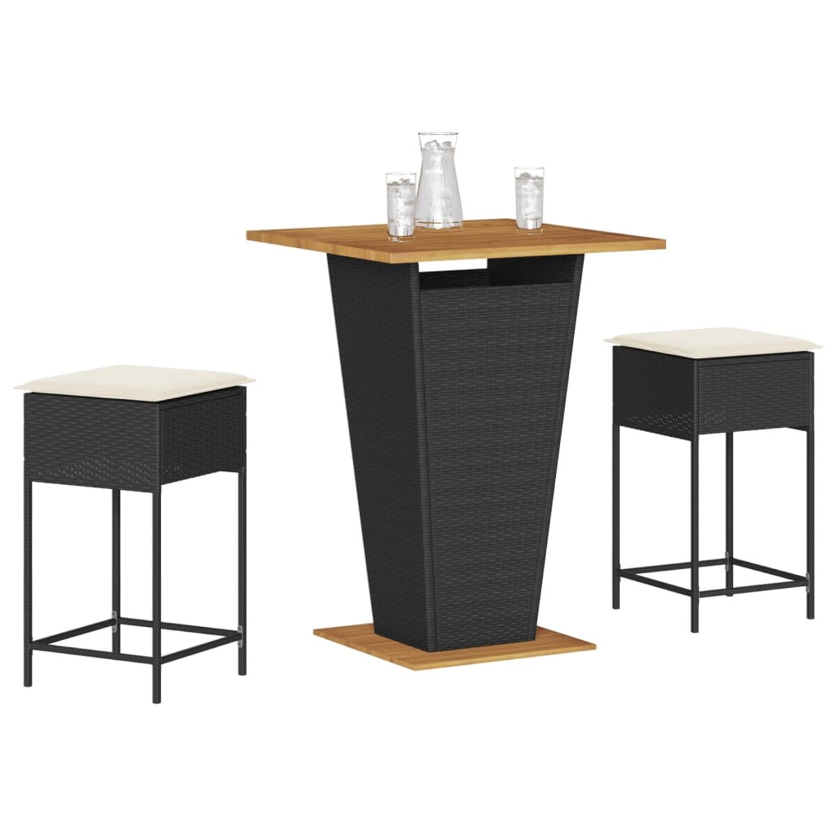 Bartisch und Hockerset mit Holzplatte, schwarzen gewebten Seiten und schwarzen Metallbeinen.