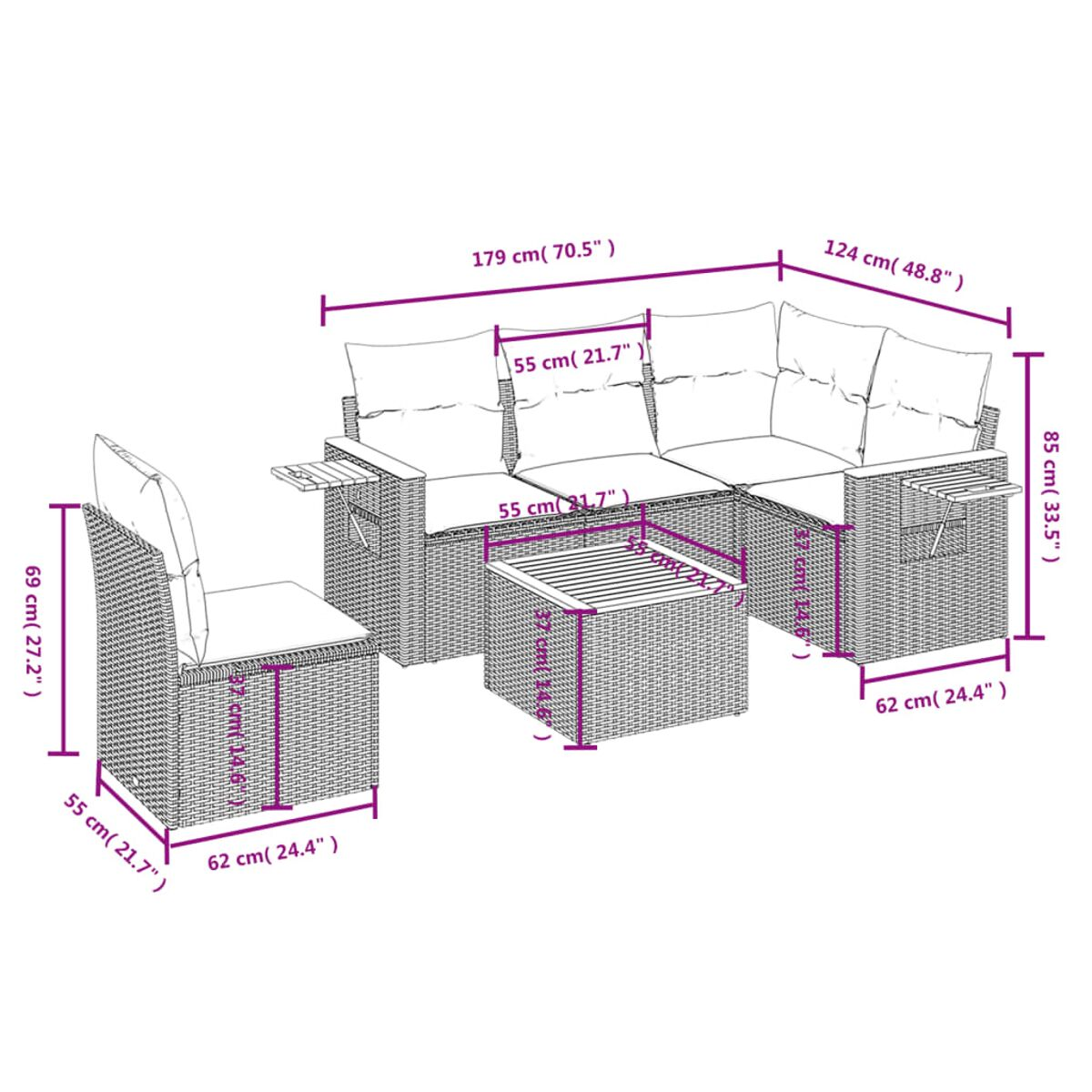 Set di mobili da esterno in vimini con dimensioni. Include divano, tavolo e sedia.