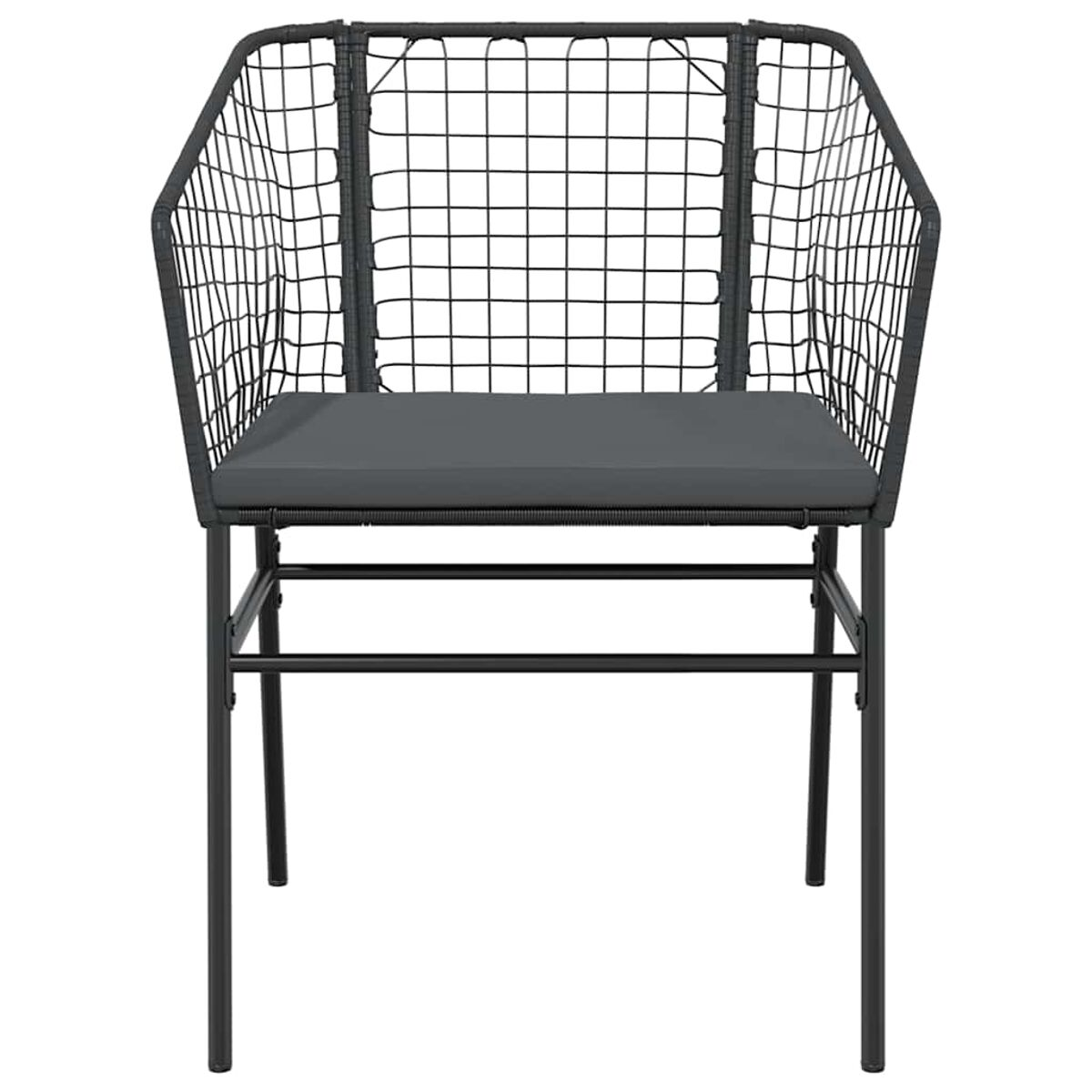 Silla metálica negra con respaldo y asiento de rejilla, con cojín gris.