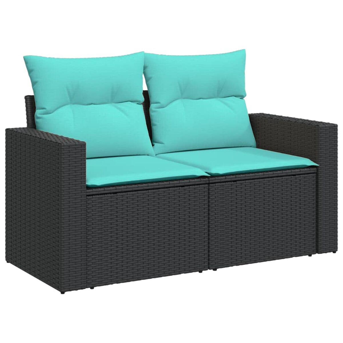 Un divano in rattan grigio scuro con due cuscini turchesi. È un divano a due posti dal design semplice.