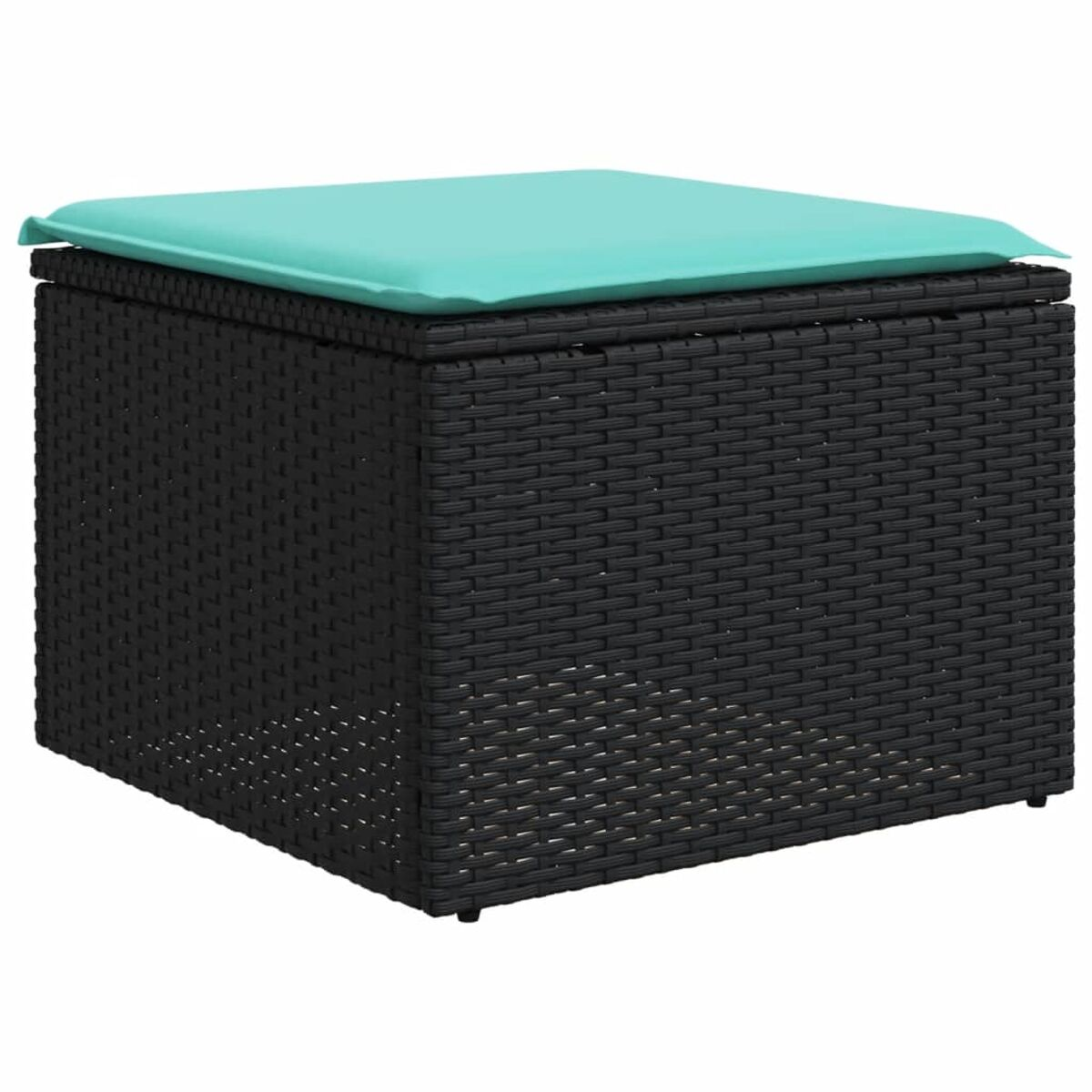 Eine schwarze Aufbewahrungsbox aus Korbgeflecht mit einem türkisfarbenen Kissen oben, quadratische Form.
