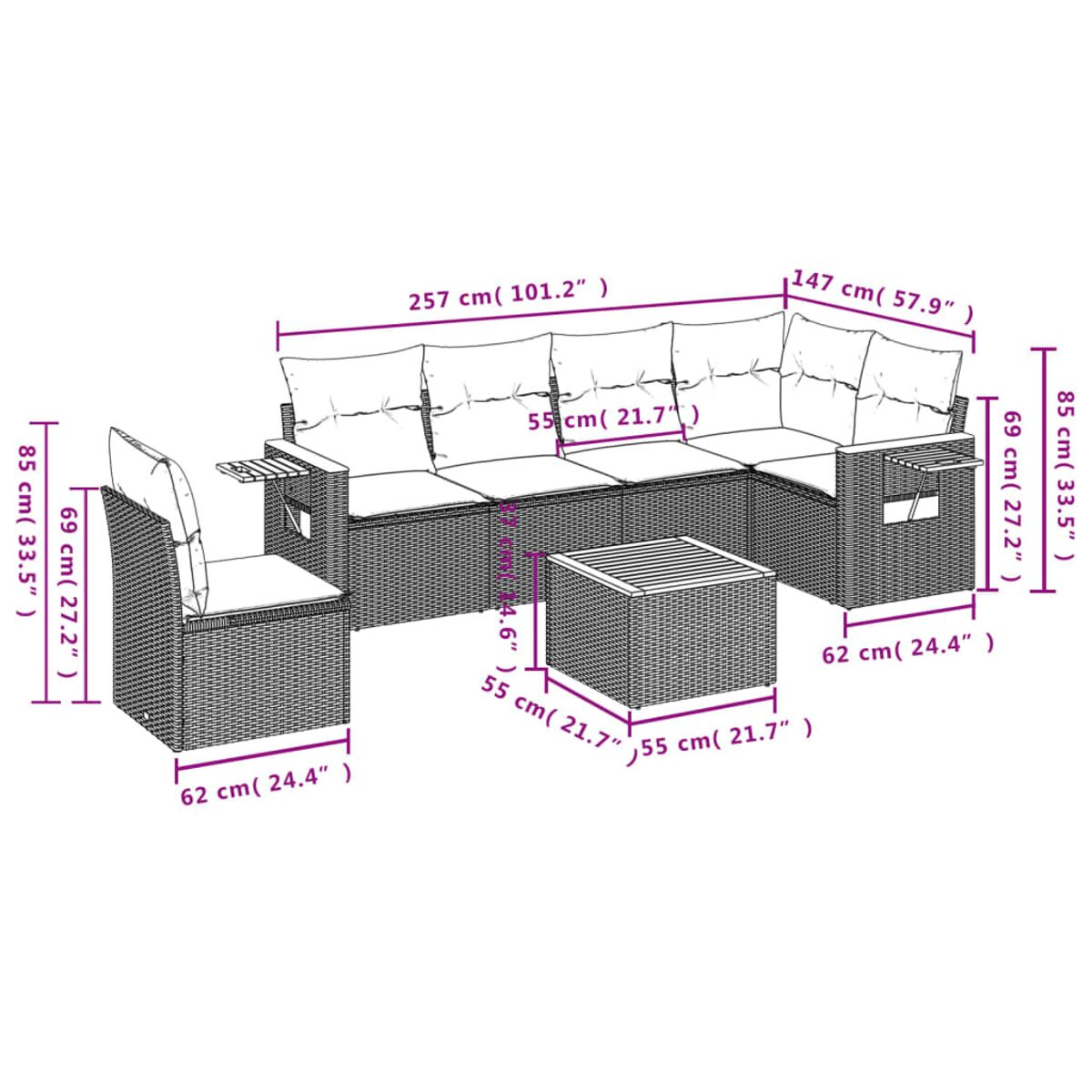 Set di mobili in vimini per esterni con dimensioni. Include un divano componibile, una sedia e un tavolo quadrato.