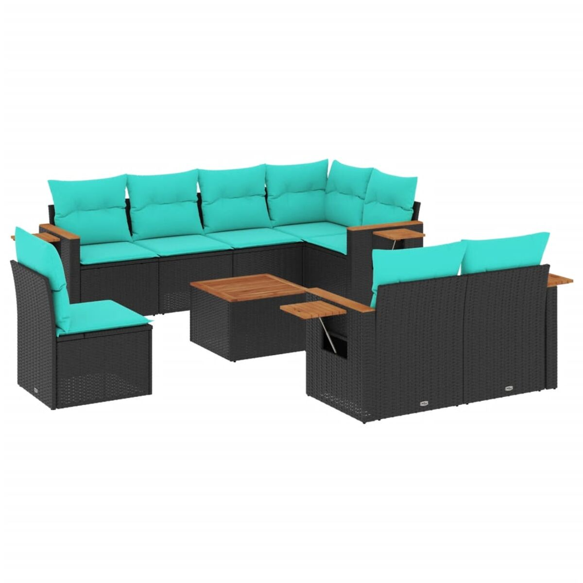 Un set di divani da esterno in rattan nero con cuscini turchesi e tavolo in legno.