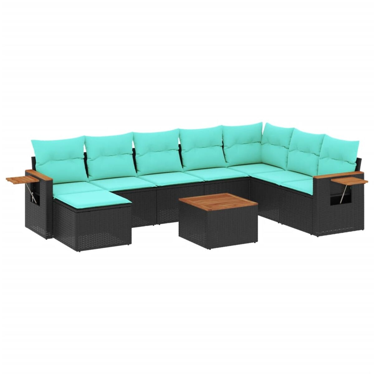 Divano componibile per esterni a forma di L con cuscini turchese, un tavolino quadrato e tavolini con piano in legno.