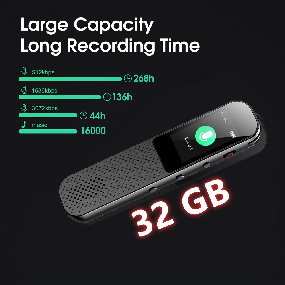 Digitales Diktiergerät mit 32 GB Speicher. Text-Overlay zeigt Aufnahmezeit basierend auf kbps-Einstellung.