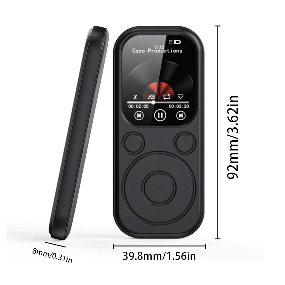Ein schwarzer MP3-Player, der die Größe des Geräts zeigt, mit Tasten und einem Bildschirm, der Musikinformationen anzeigt.