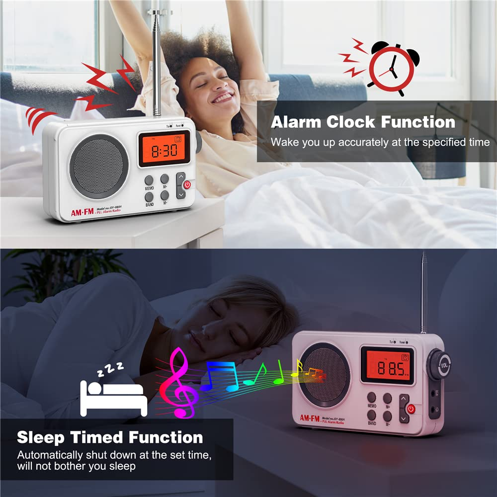 Ein weißes Radio auf einem Bett. Zeigt die Wecker- und Sleep-Timer-Funktionen. Zwei Bilder.