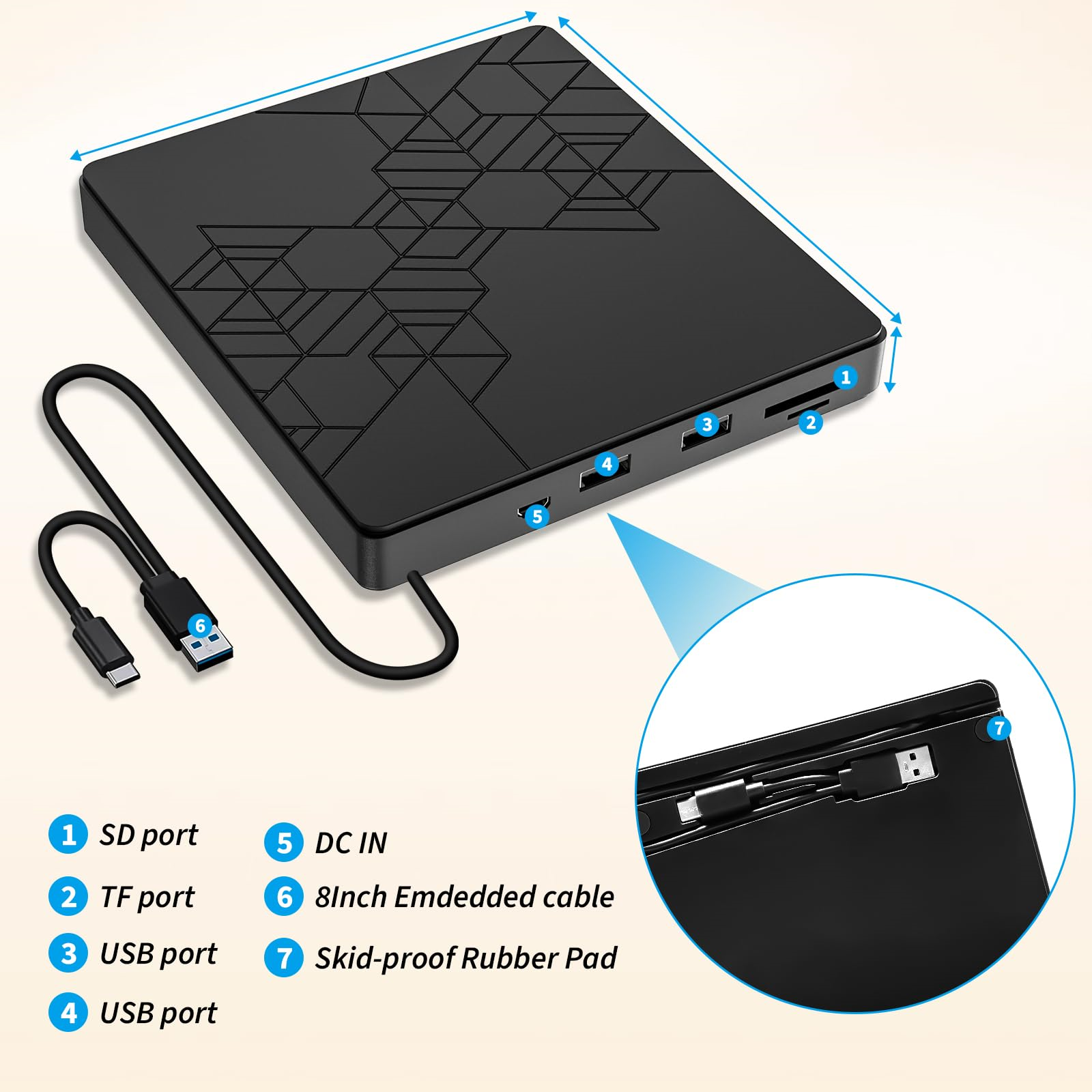 Schwarze externe Festplatte mit SD-, TF- und USB-Anschlüssen sowie einem eingebetteten Kabel. Die Oberfläche ist strukturiert.