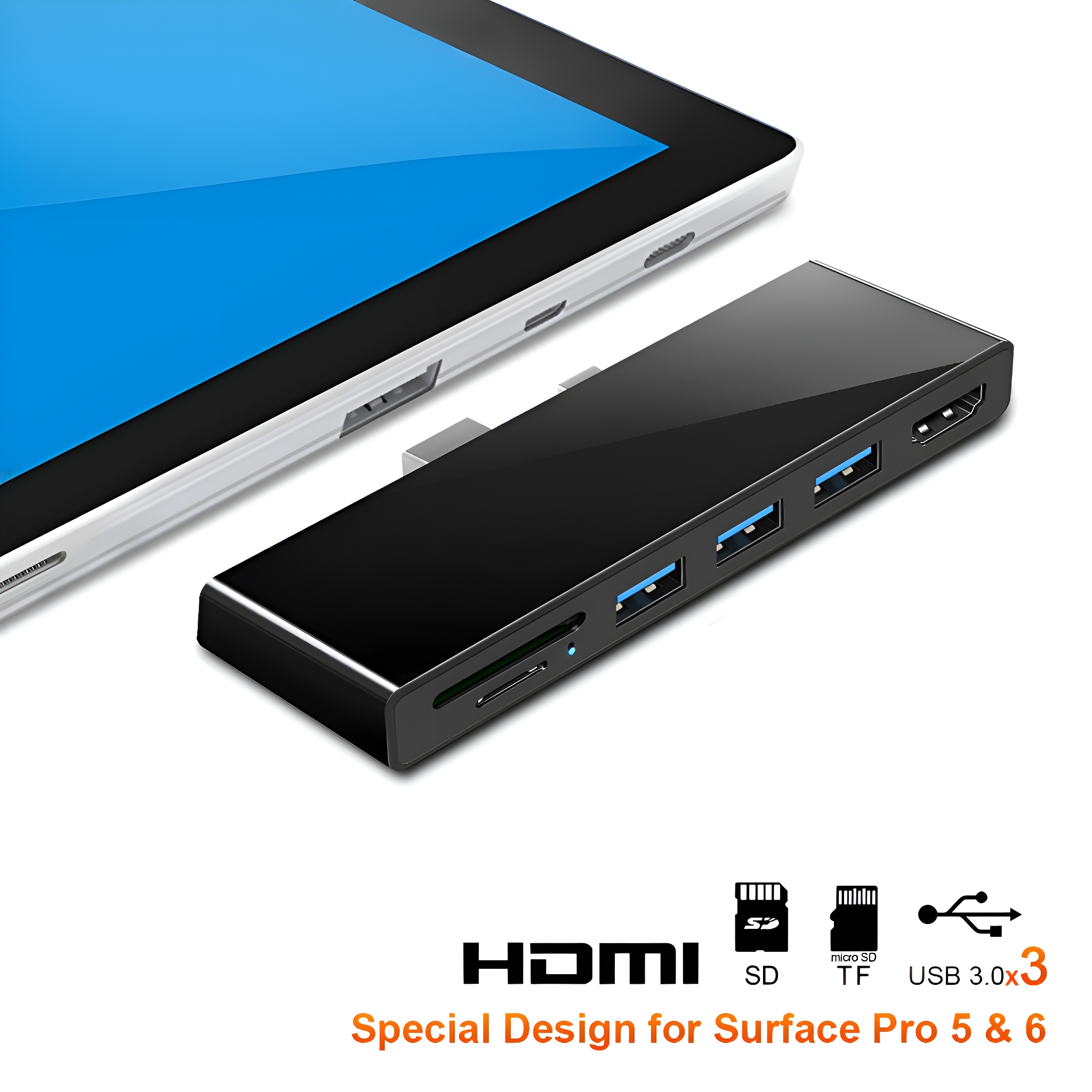 Schwarzer USB-Hub mit einem Tablet. Der Hub hat Anschlüsse für HDMI, SD, microSD und USB 3.0. Das Tablet hat einen blauen Bildschirm.