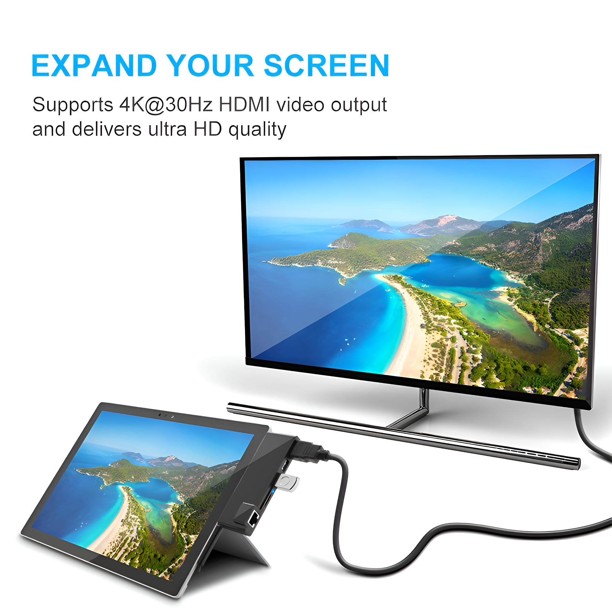 Tablet über einen Hub mit einem Monitor verbunden. Der Monitor zeigt eine blaue Himmelszene.
