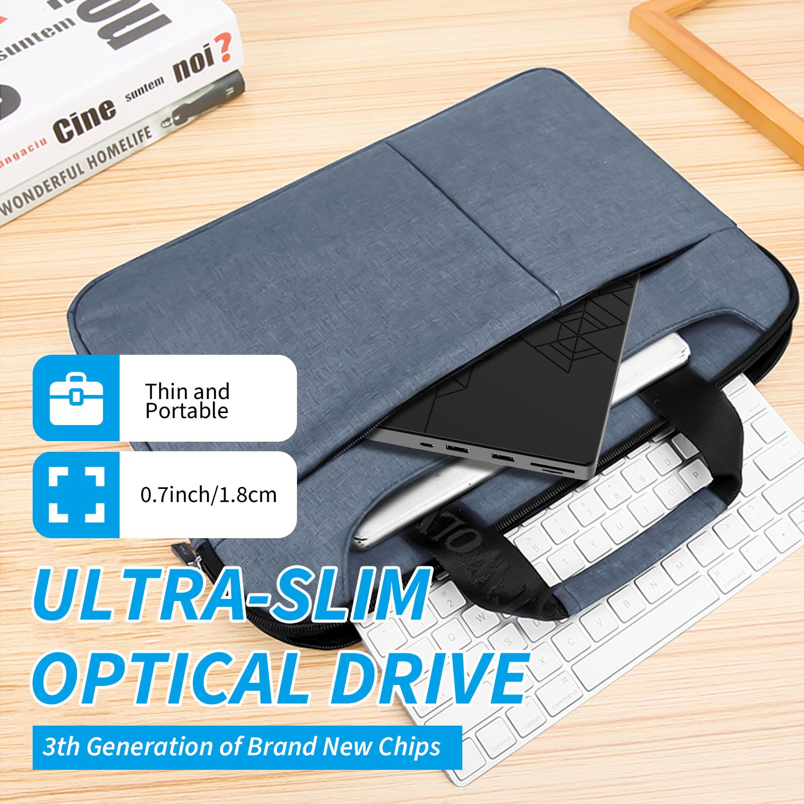 Laptoptasche mit Laptop, Powerbank und Tastatur. Text: Ultraschlankes optisches Laufwerk.
