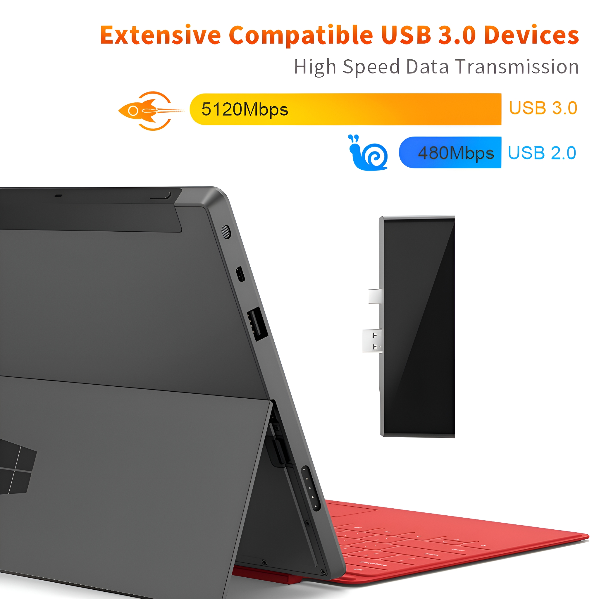 Laptop mit roter Tastatur, USB-Geräte und High-Speed-Datenübertragung.