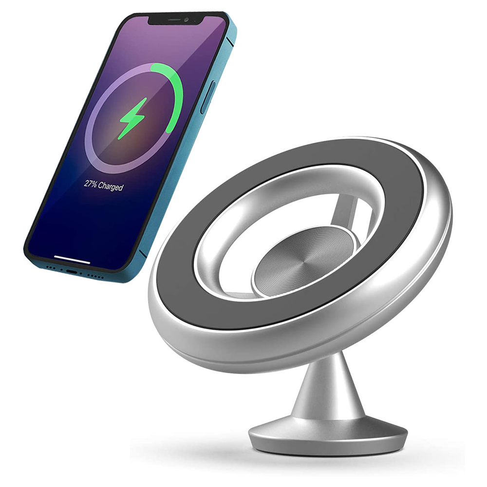 Eine silberne magnetische Telefonhalterung mit einem Telefon im Lademodus, 27 % geladen mit Blitzsymbol.