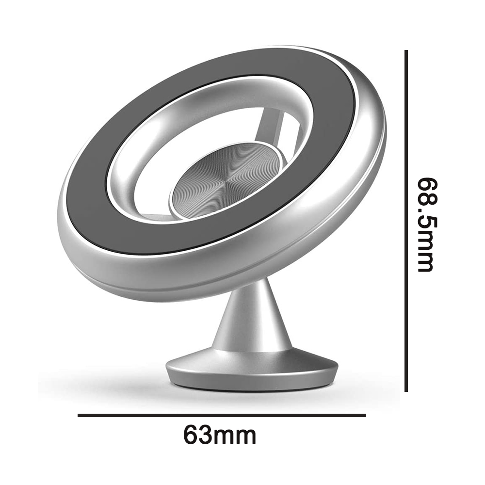 Silberner Telefonhalter mit kreisförmigem Design und schwarzem Ring. Abmessungen: 63 mm x 68,5 mm.