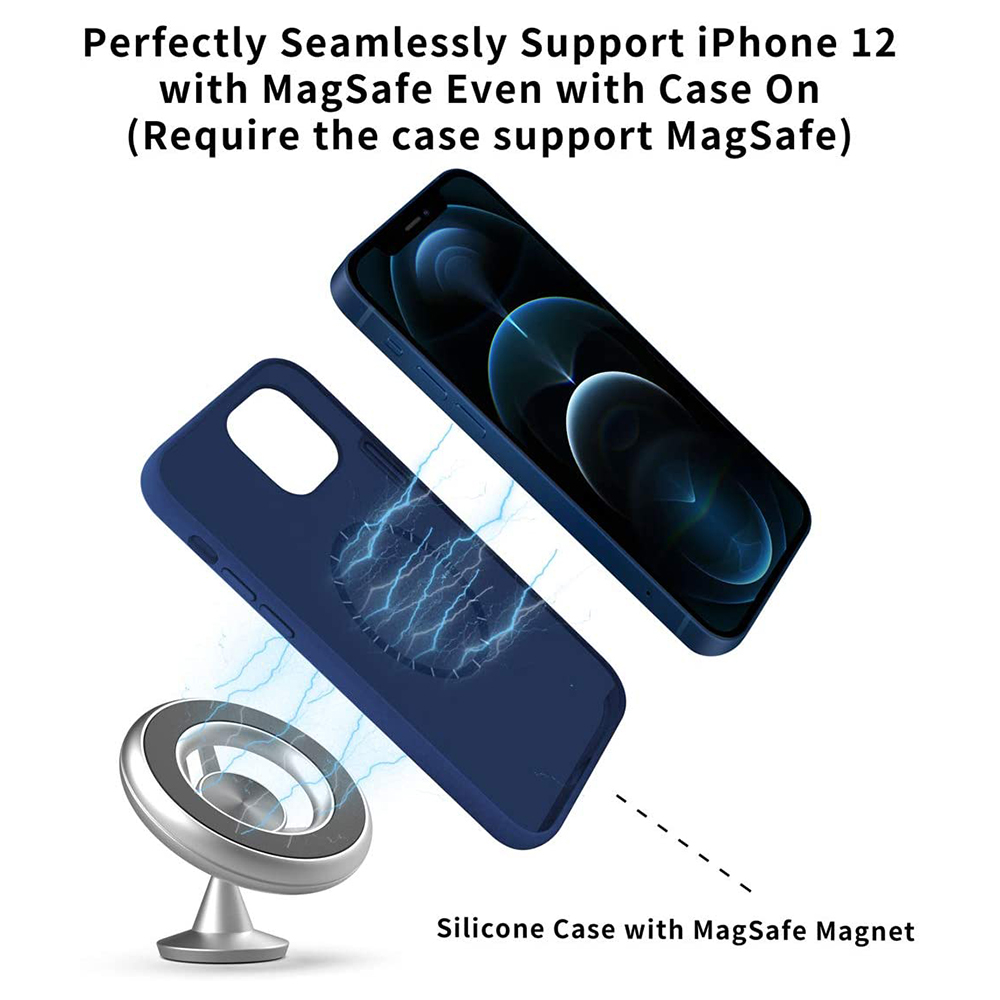 Eine Handyhülle mit MagSafe-Magnet wird mit einem Telefon und einem Metallhalter angezeigt.