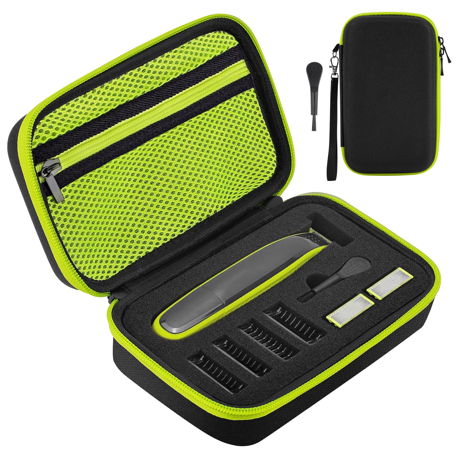 Offene Hülle mit Trimmer, Klingen und Zubehör, in einem grün-schwarzen Etui.