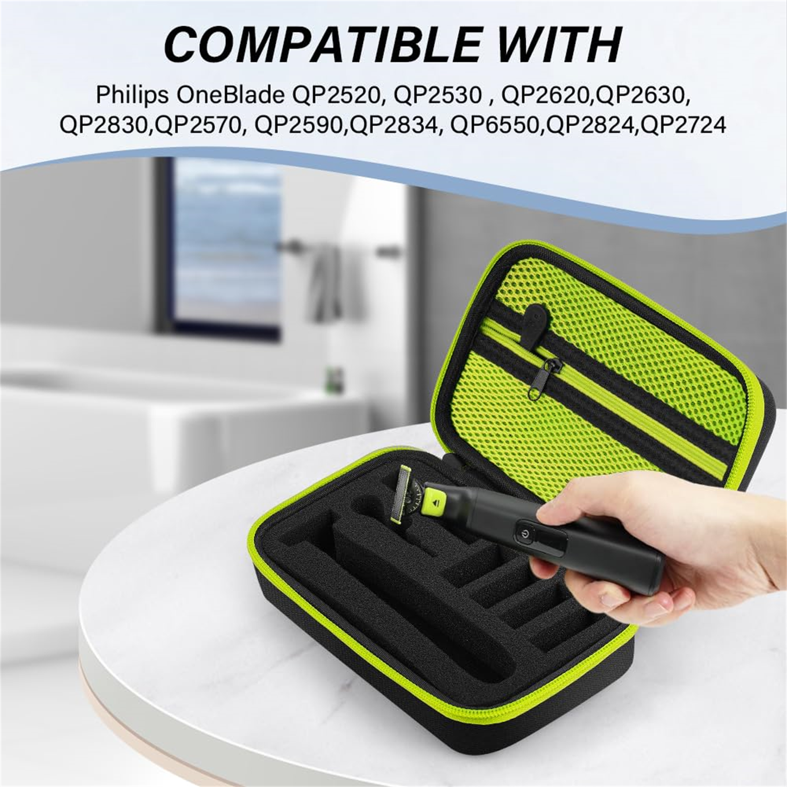 Schwarzer und grüner Philips OneBlade Trimmer in einem schwarzen Etui mit Zubehör.