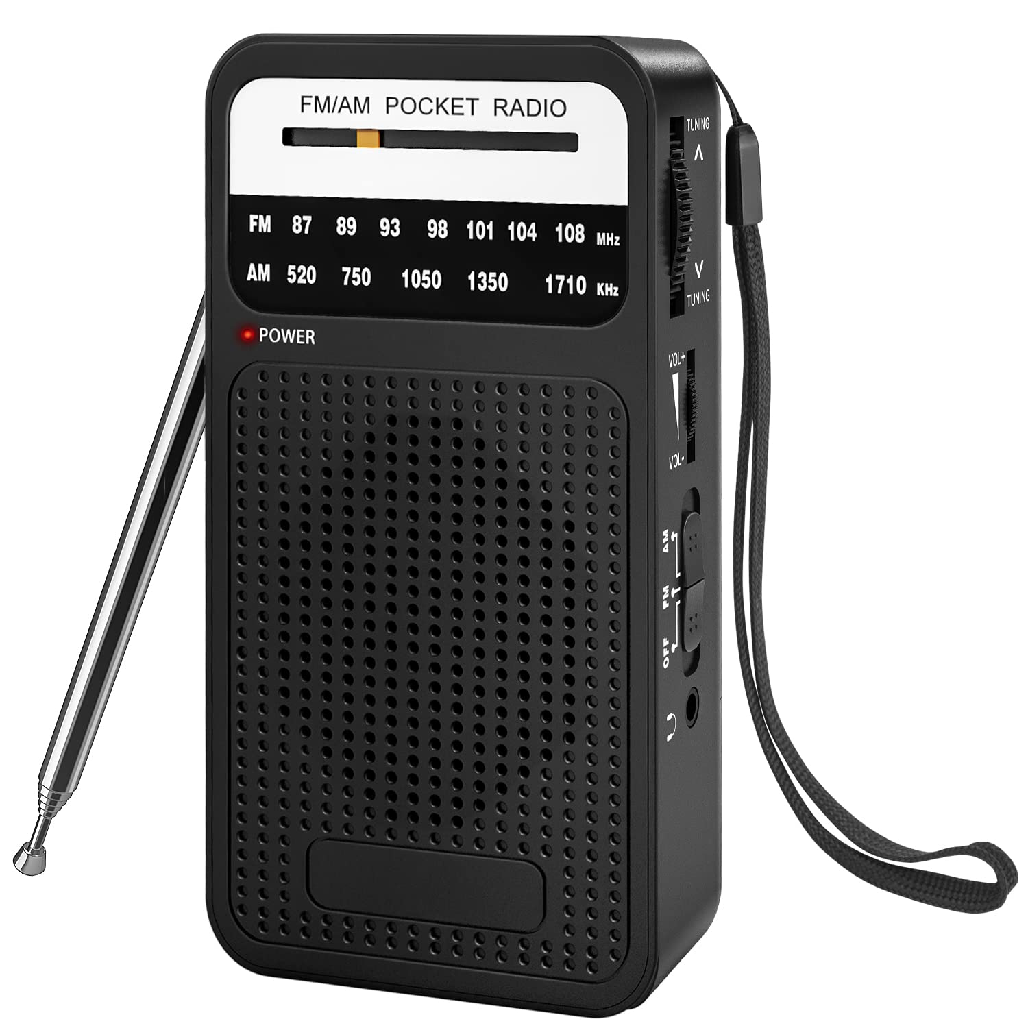 Schwarz-weißes Taschenradio mit UKW/MW-Tuning und ausziehbarer Antenne. Weißer Hintergrund.
