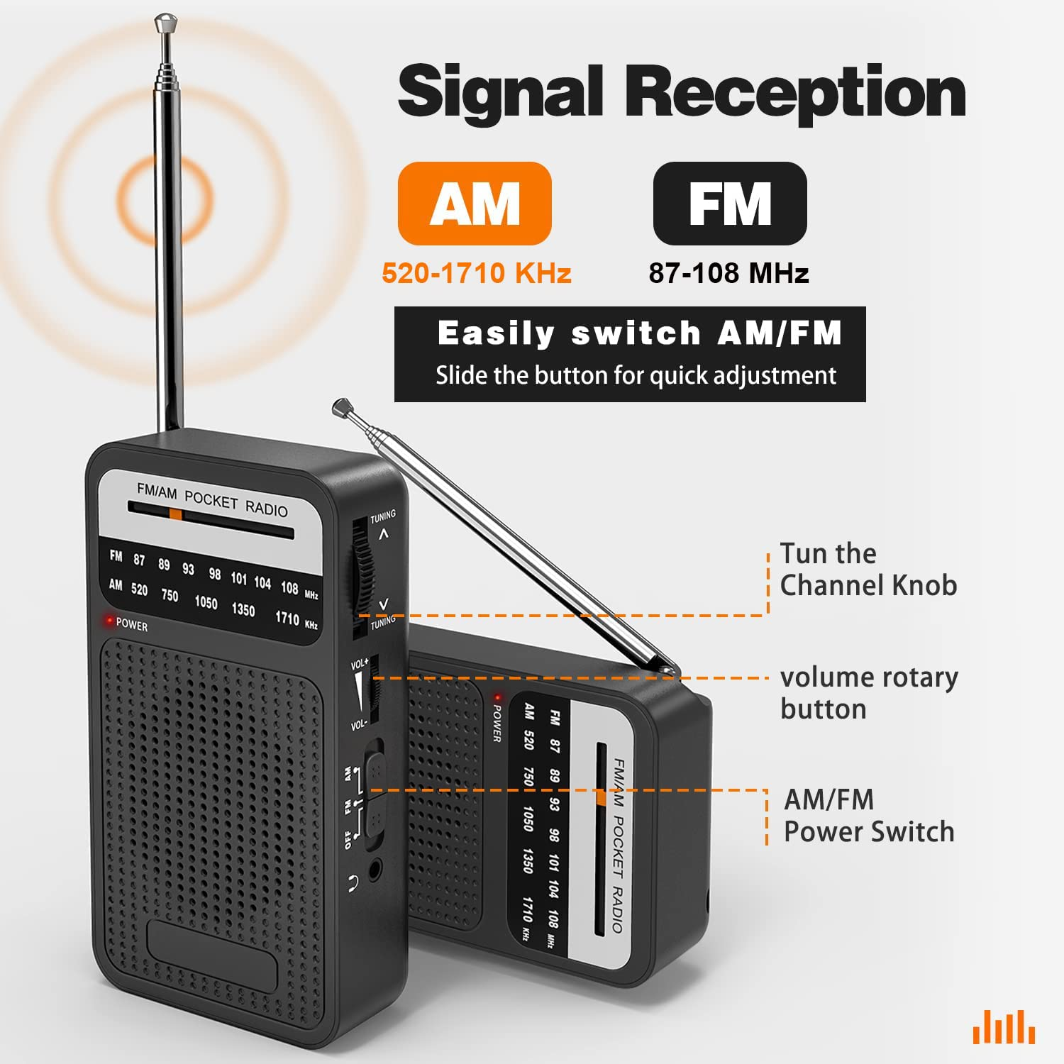 Zwei schwarze Taschenradios, die den AM/FM-Empfang zeigen, mit Knöpfen und einer Antenne. Text auf Englisch.