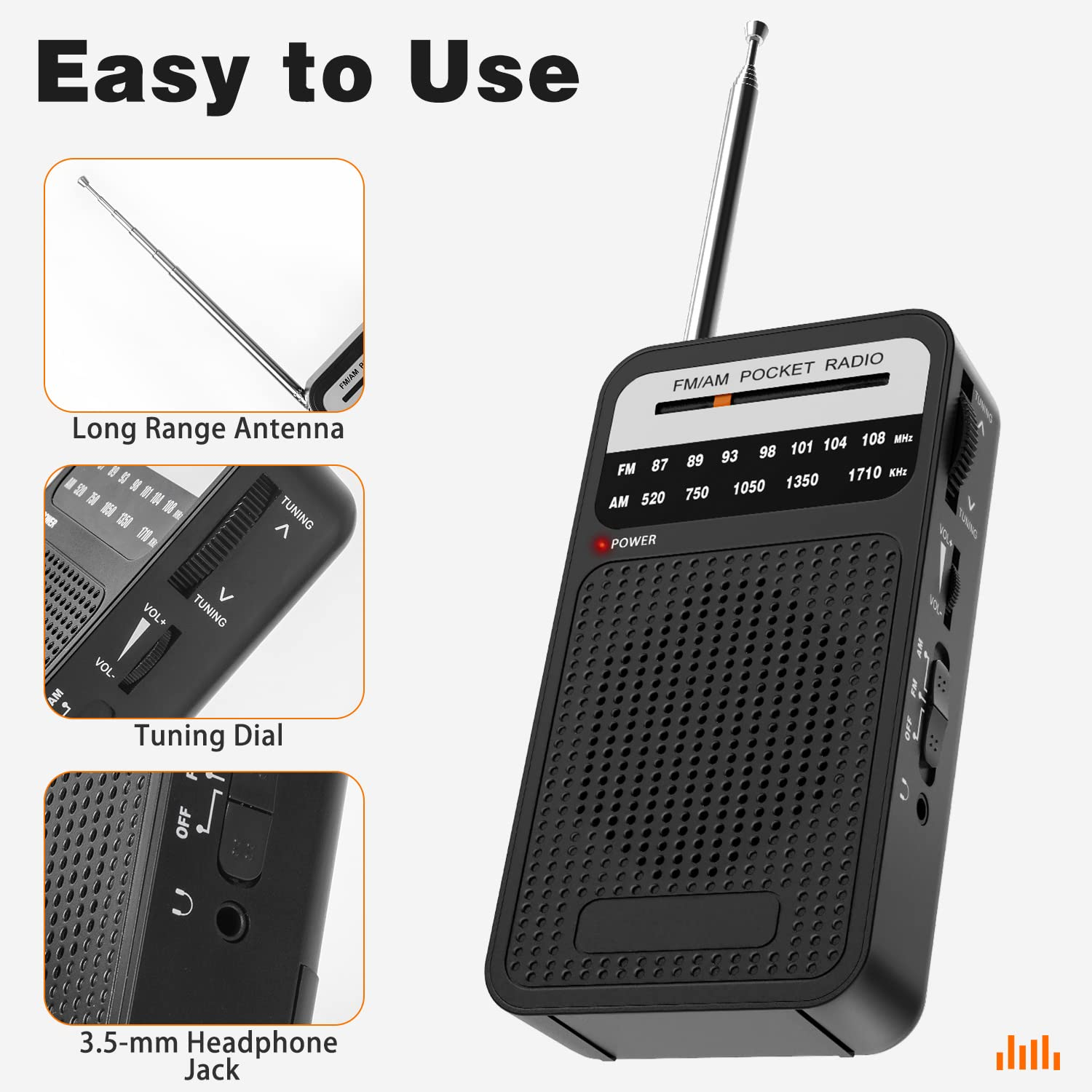 Ein schwarzes Taschenradio mit verschiedenen Funktionen wie Antenne, Drehrad und Kopfhöreranschluss zur einfachen Bedienung.