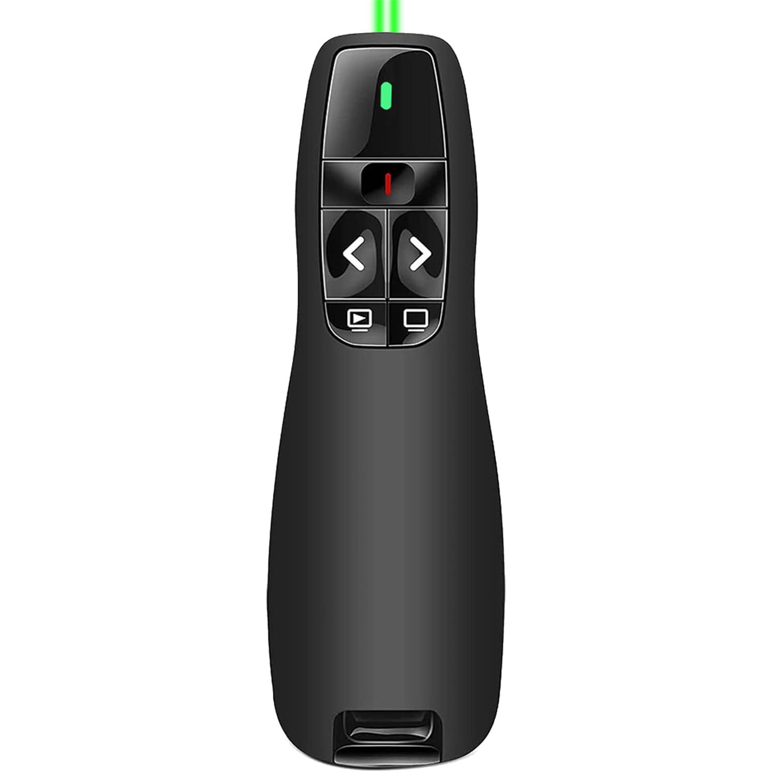 Puntatore per presentazioni nero con pulsanti freccia e luce laser verde.