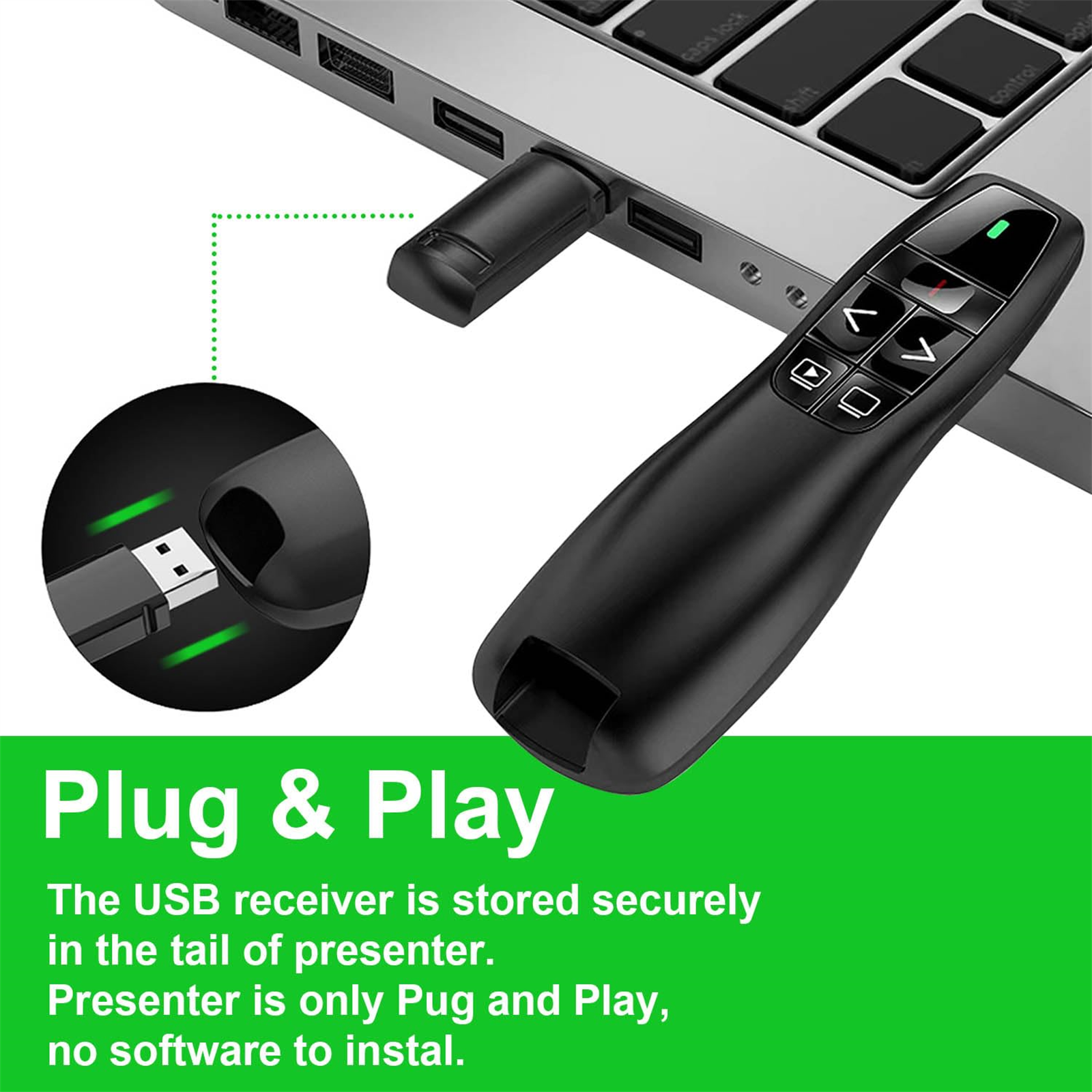 Ein schwarzer Präsentationsgerät mit USB-Empfänger, an einen Laptop angeschlossen, wirbt für Plug-and-Play.