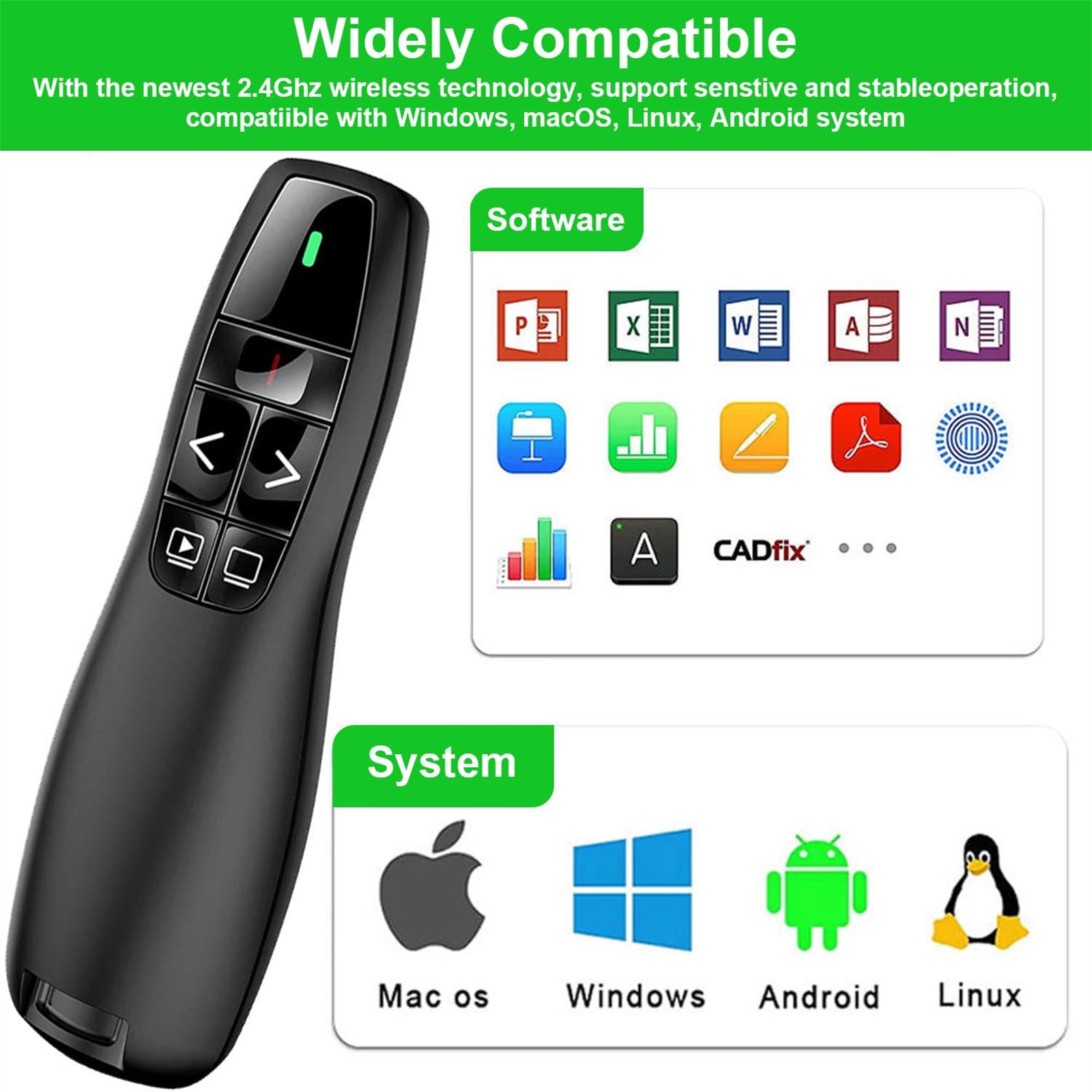 Un presentatore wireless nero con pulsanti, compatibile con vari sistemi.