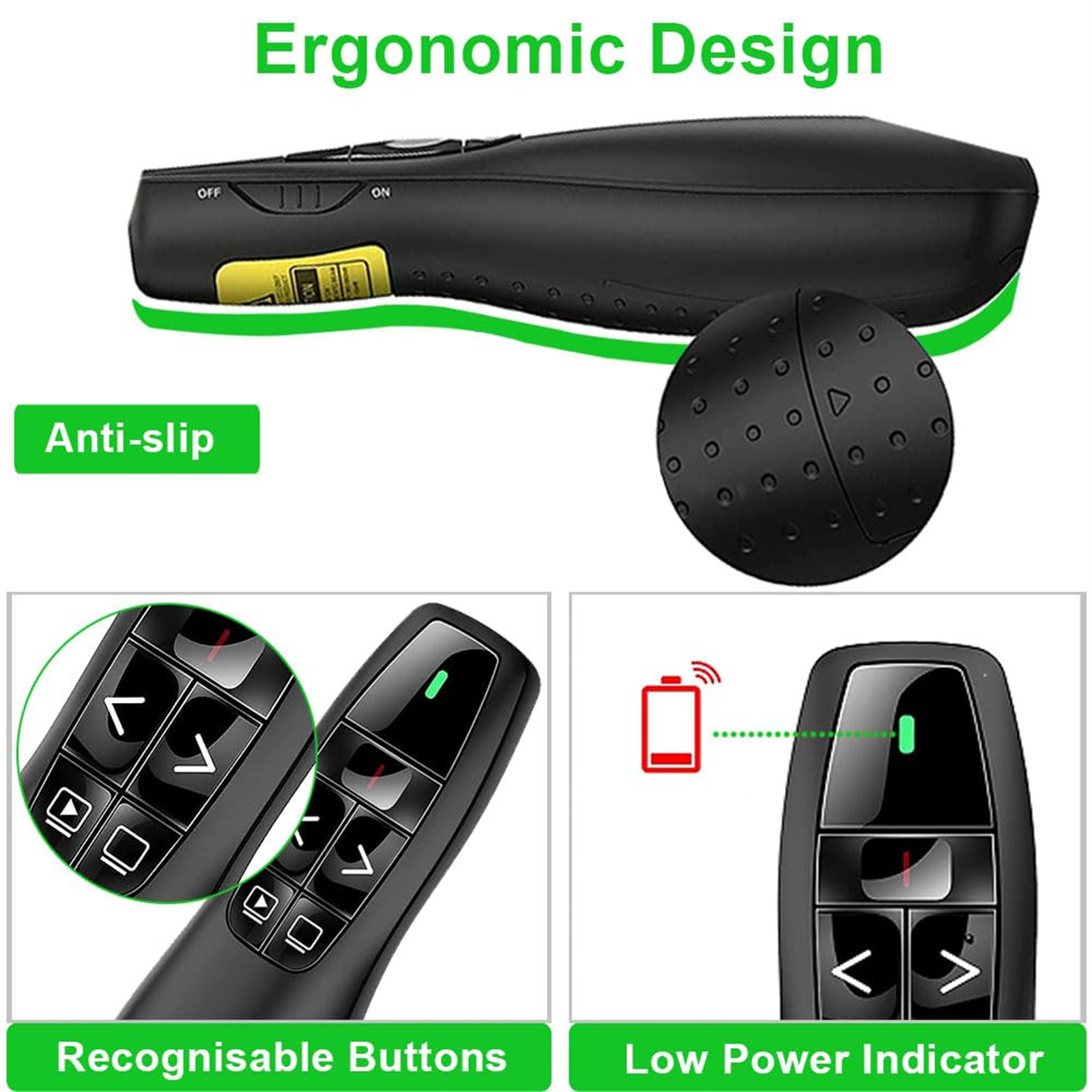 Telecomando di presentazione nero. Design ergonomico, antiscivolo, pulsanti riconoscibili e indicatore di carica.