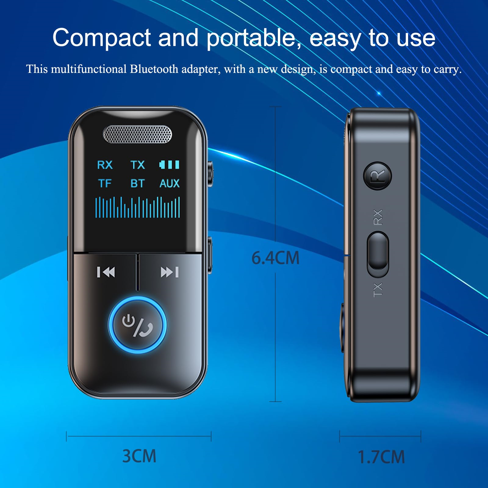 Schwarzer Bluetooth-Adapter mit Knöpfen und Display. Abmessungen in Zentimetern angegeben.