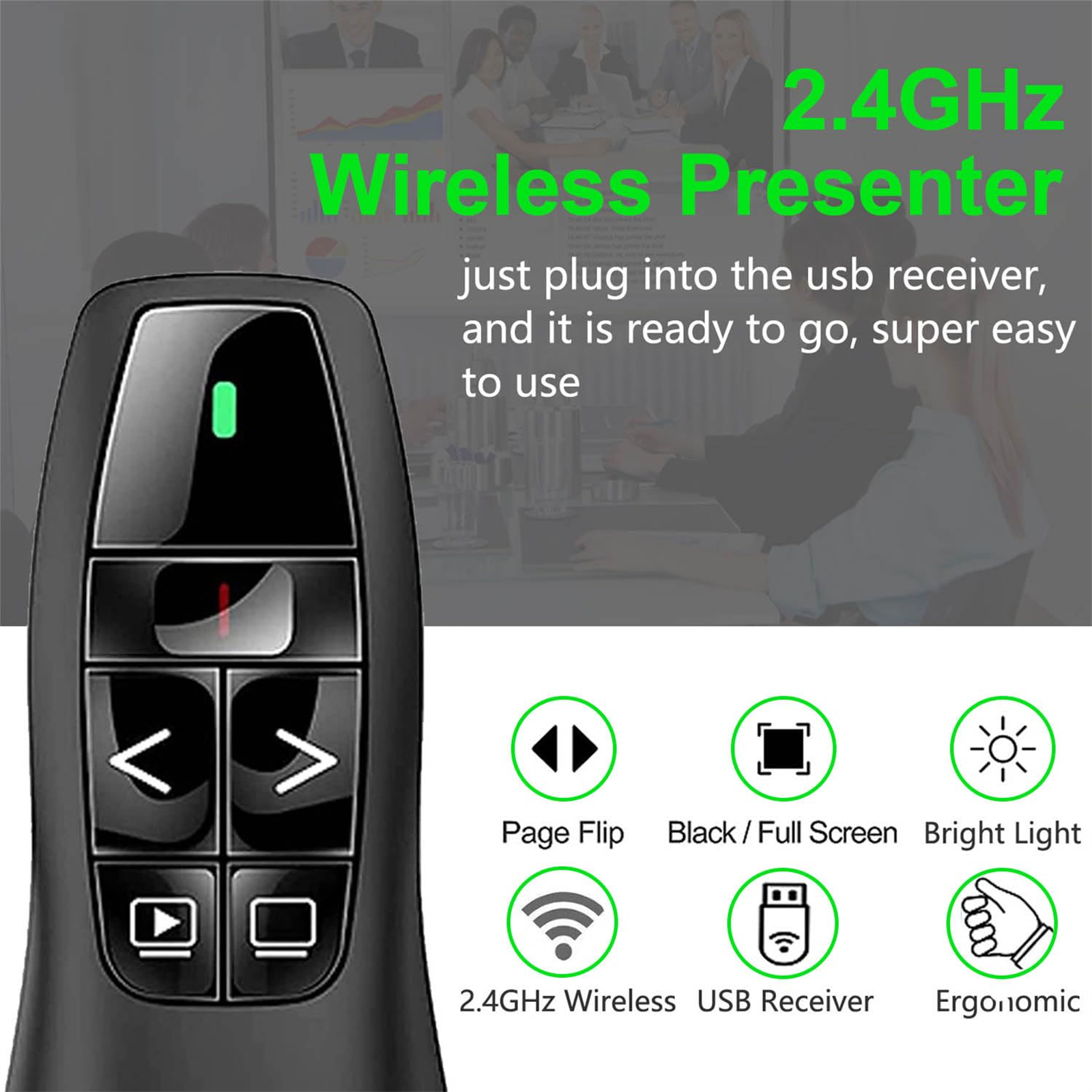 Presentatore wireless nero con pulsanti, icone delle funzioni e testo.