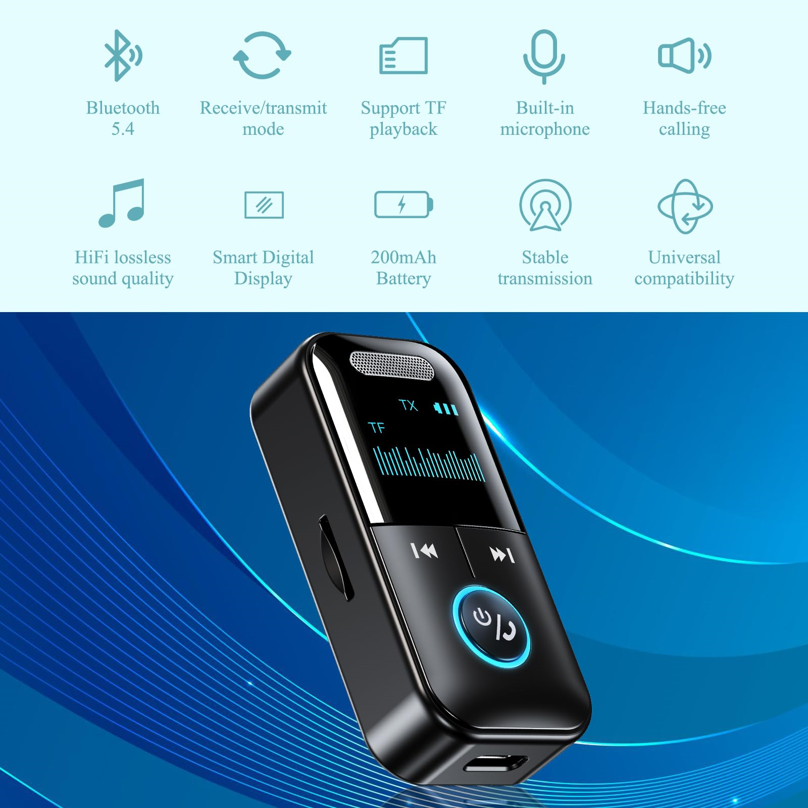 Ein schwarzes Gerät mit Symbolen für Bluetooth, Akku und andere Funktionen vor blauem Hintergrund.