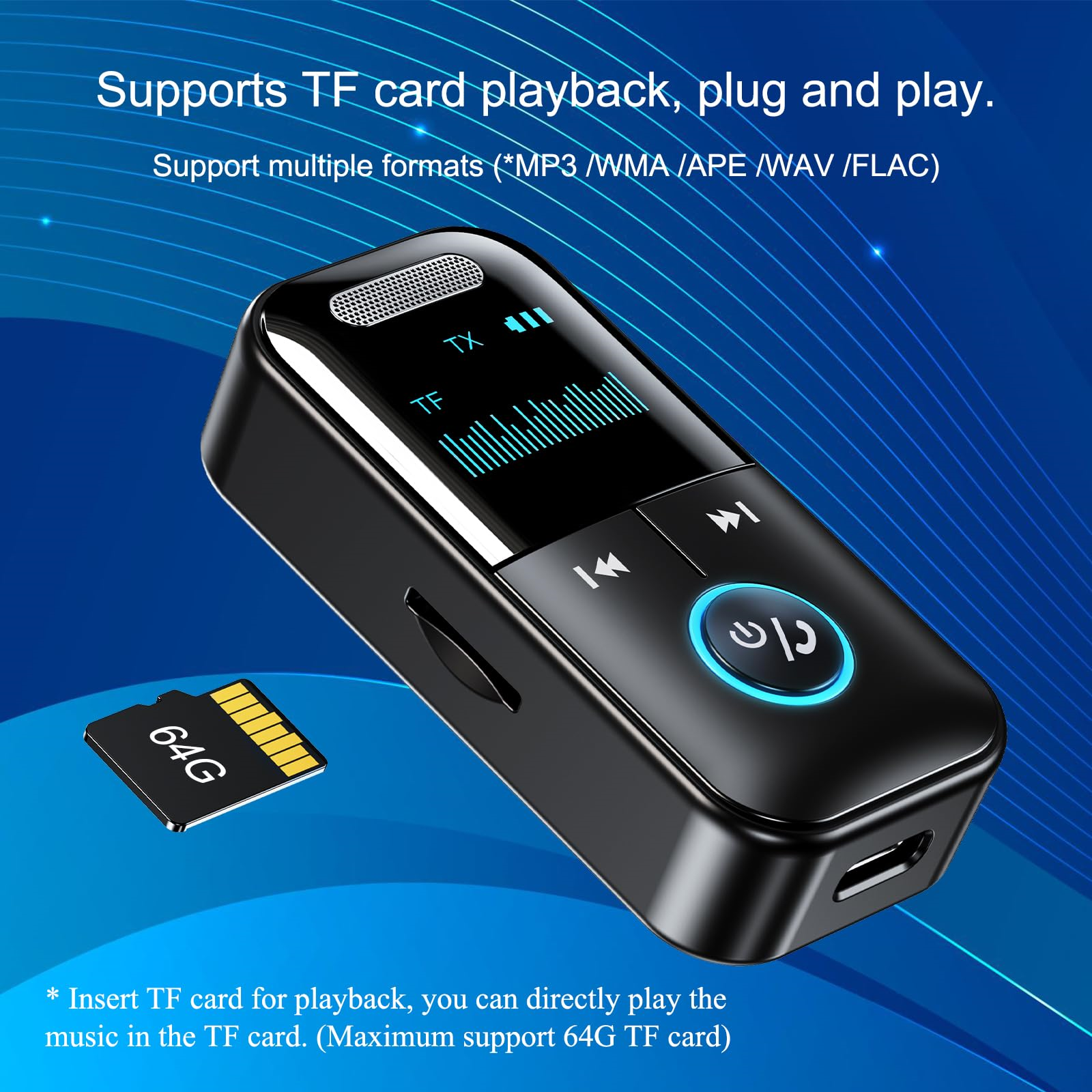 Schwarzer und blauer Musikplayer mit TF-Karte und Bedientasten. 64G TF-Karte wird gezeigt.
