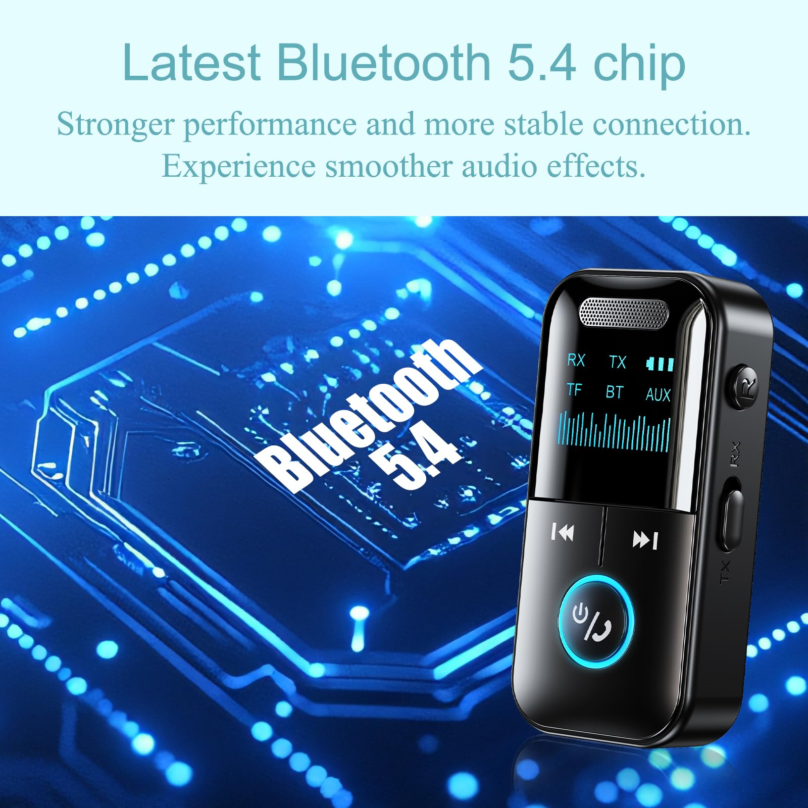 Schwarzer Bluetooth 5.4 Empfänger mit Display, das Daten anzeigt, blauer Leiterplattenhintergrund.