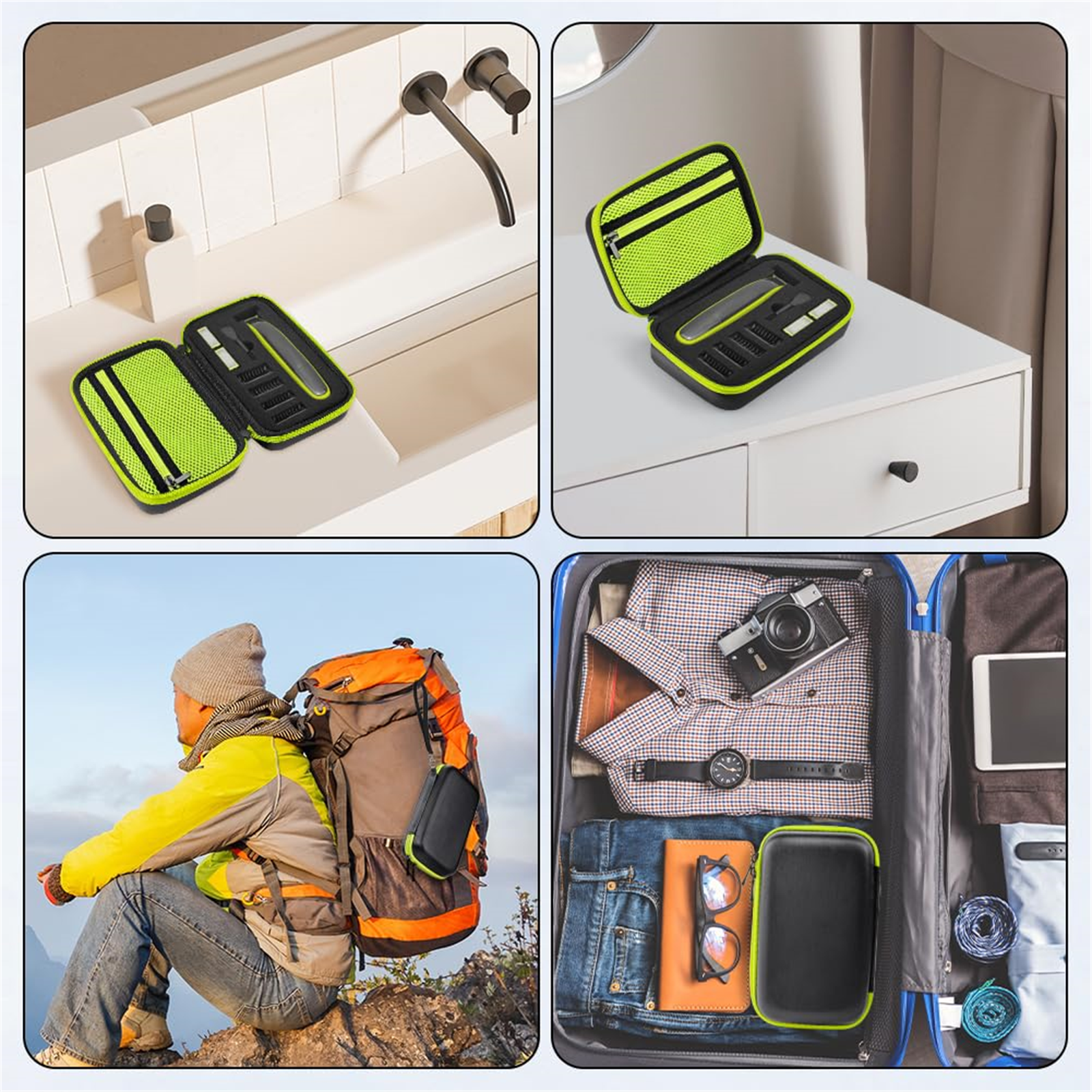 Collage von Pflege-Kits in Etuis und einer Person, die eine Reisetasche mit dem Kit packt.