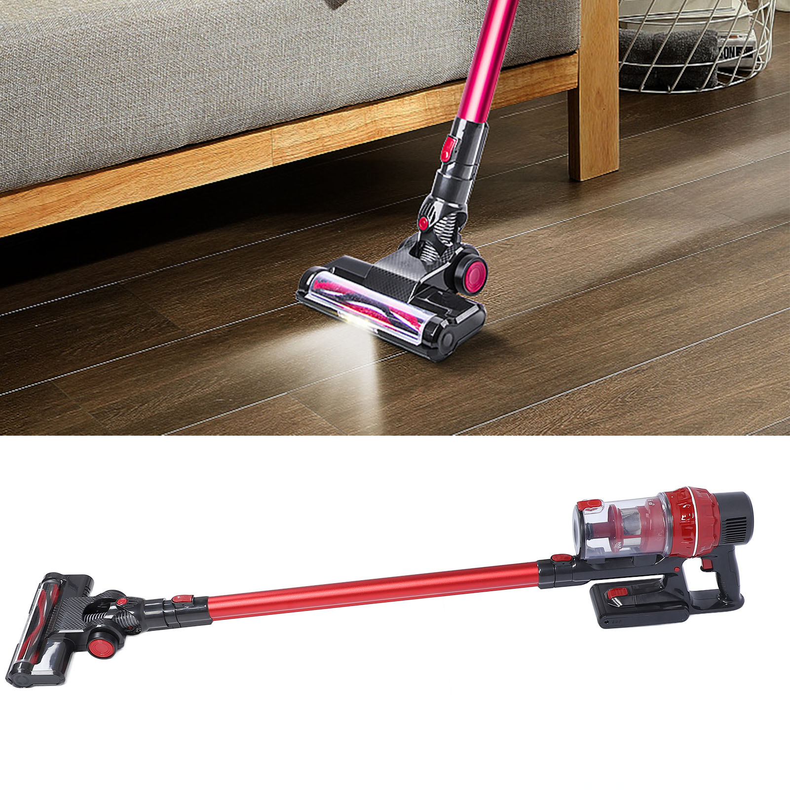 Roter kabelloser Staubsauger mit Lichtern. Er steht auf einem Holzboden.