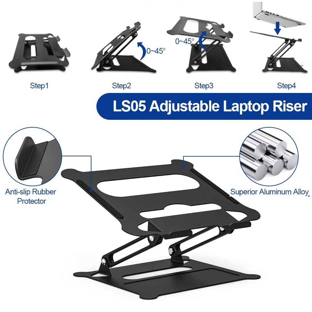 Schwarzer Laptop-Riser mit einstellbaren Winkeln, in Schritten beschrieben. Zu den Merkmalen gehören ein rutschfester Gummischutz und eine Aluminiumlegierung.