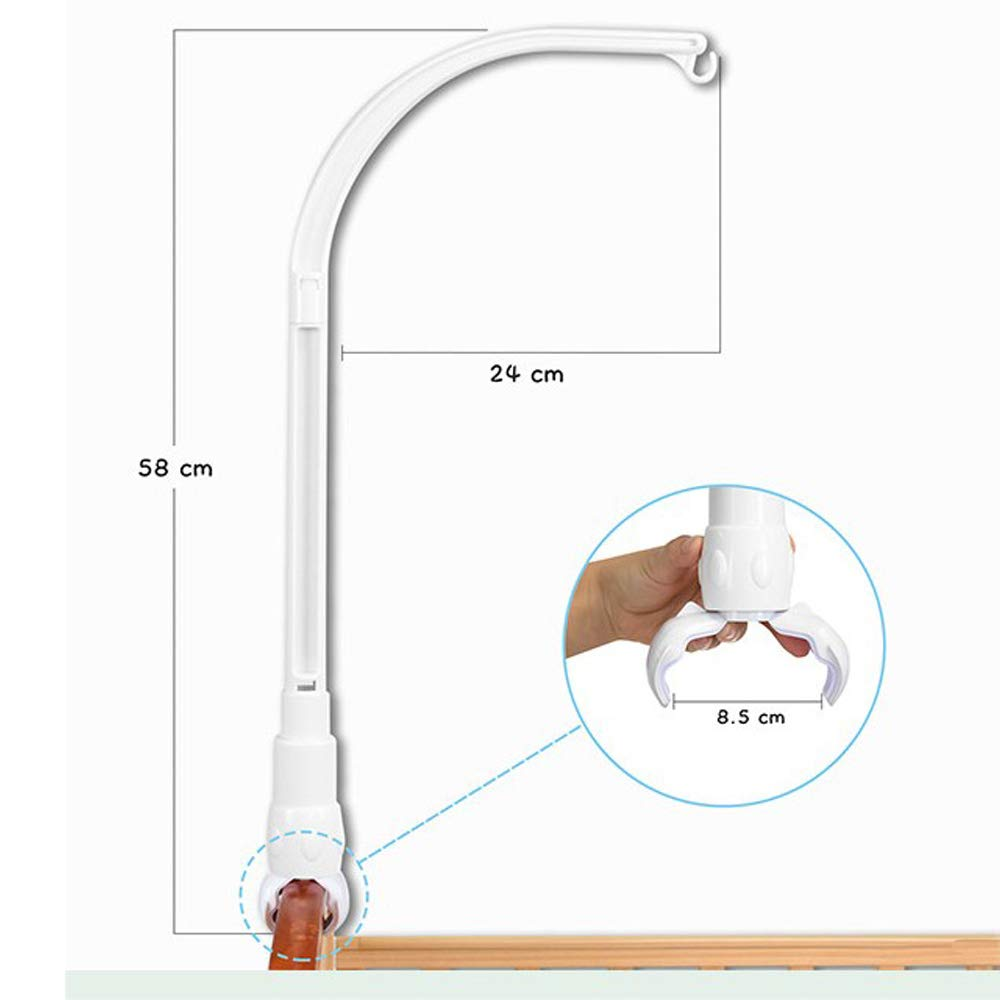 Weißer Baby-Mobile-Arm mit Maßen. Nahaufnahme der Klemme wird gezeigt.