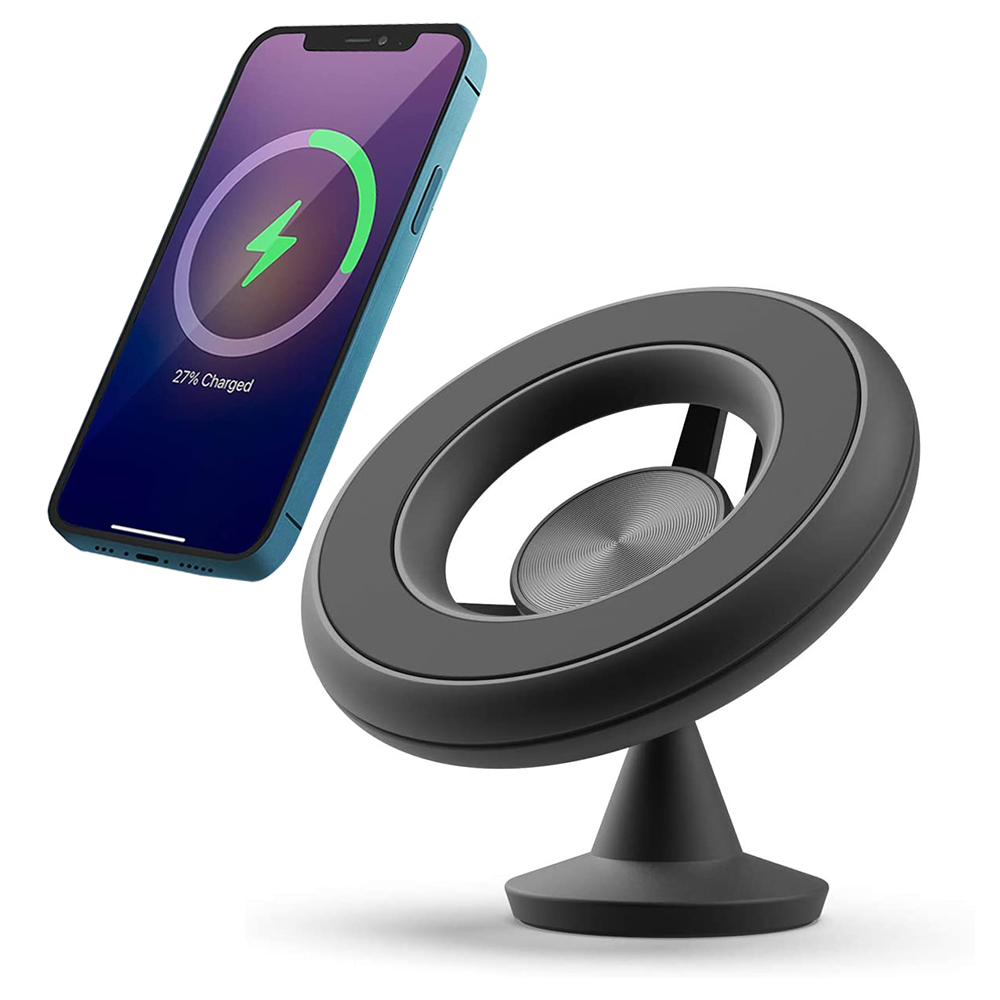 Ein schwarzer Ladeständer mit einem Telefon, das 27 % Ladung anzeigt, neben dem Ständer.