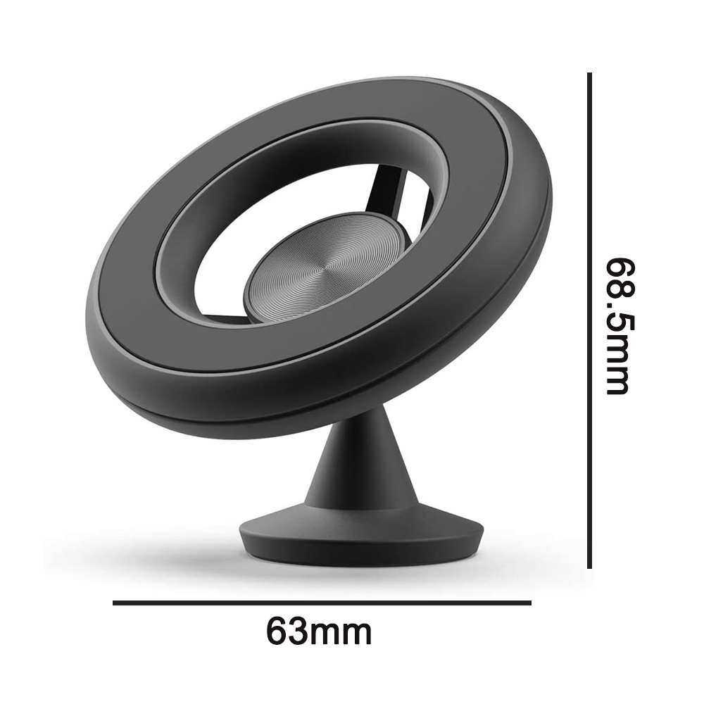 Ein schwarzer Telefonhalter mit kreisförmigem Design und Ständer, Abmessungen sind angegeben.