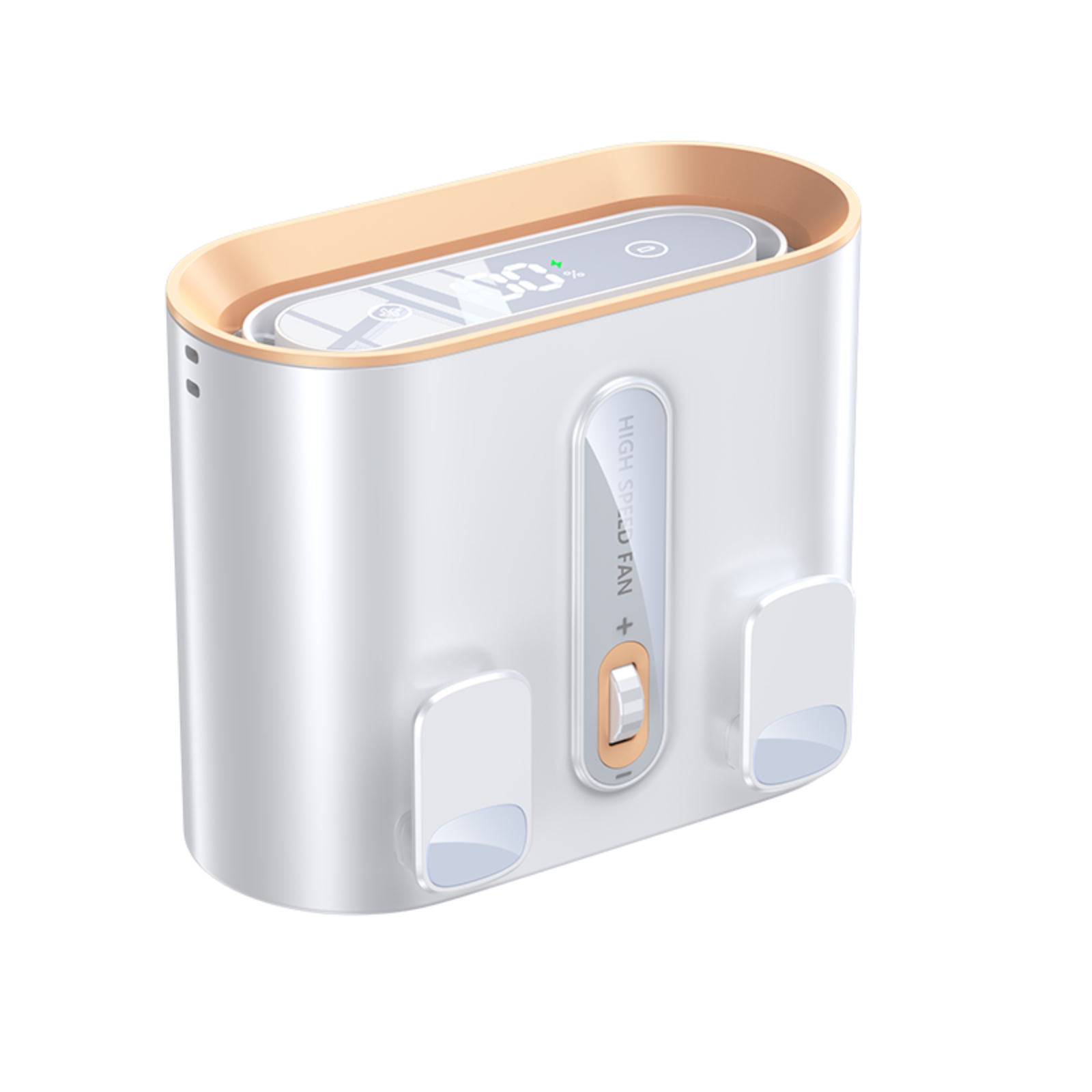 Weißer und grauer Wandventilator mit Display und orangen Akzenten.