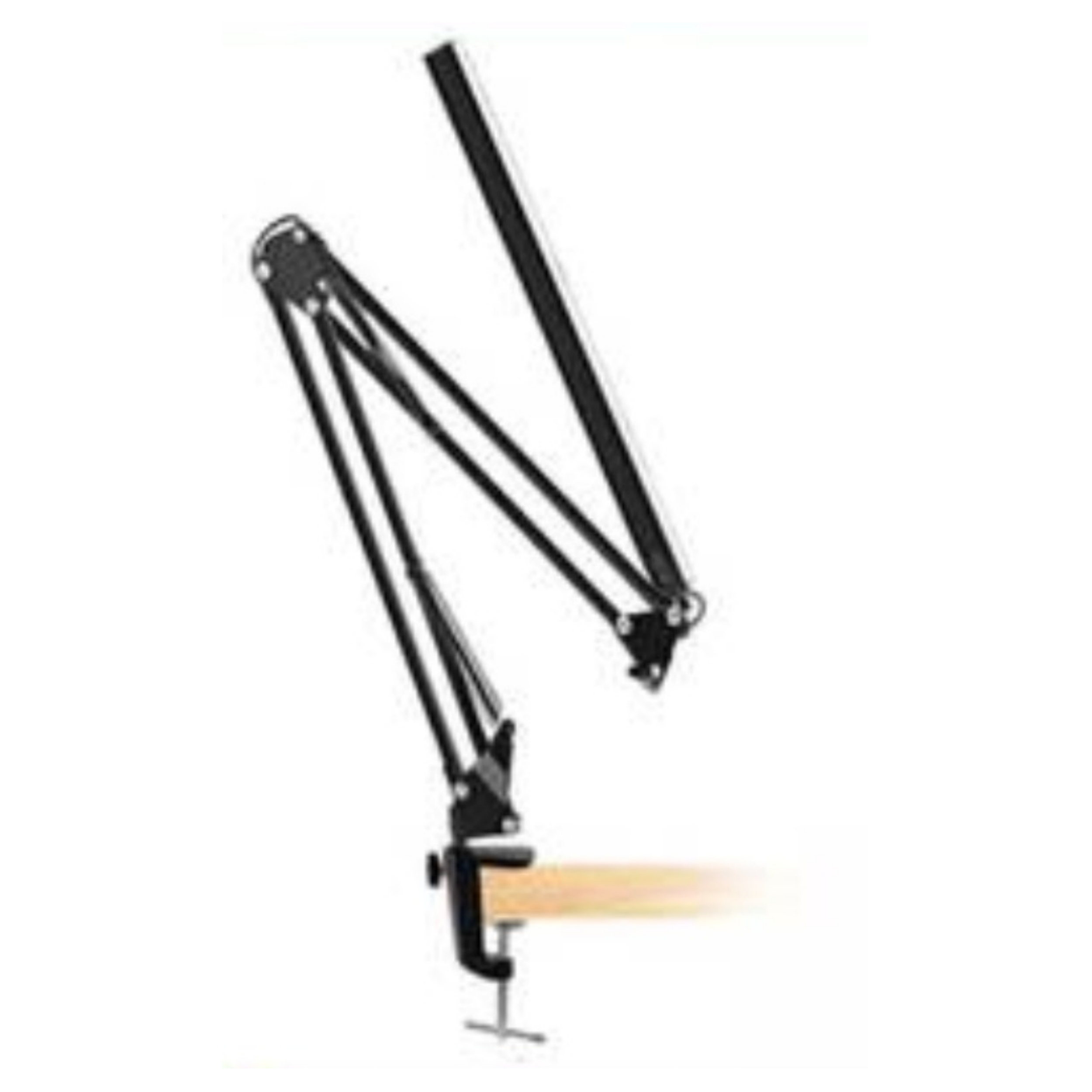 Schwarze Gelenk-Schreibtischlampe mit Klemme auf Holzoberfläche.